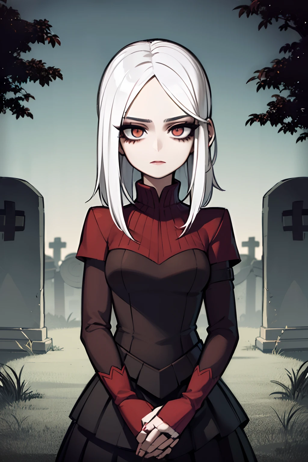 Rapariga, cabelos pretos, pale skin, red lips, cara triste, in a graveyard, night, emo artstyle, usando um vestido branco senhora vitoriana, dark circles, 4k