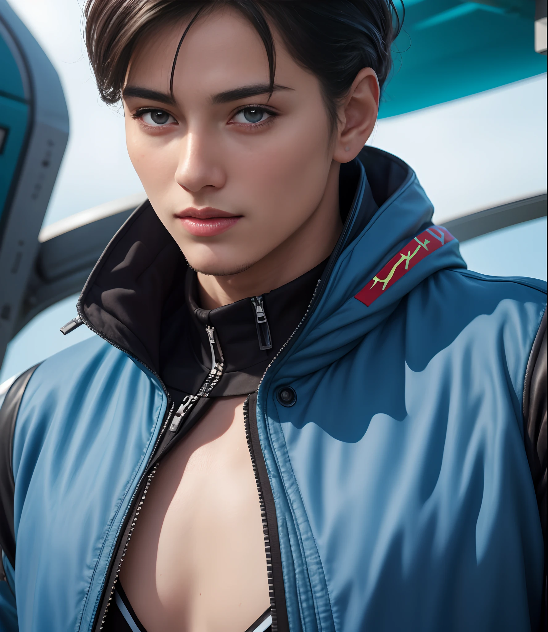 (hyper realistic:1.8), RAW photo, (close up:1.4), spanish cyber male model, beautiful, mediterranean detailed skin, (25 y.o), (three-quarter view:0.6), looking at left side, central composition, (short cut hair style:0.8), azure summer dress and jacket, skin texture, extreme detailed, starship azure background, futuristic led background, cinematic light, sharp focus