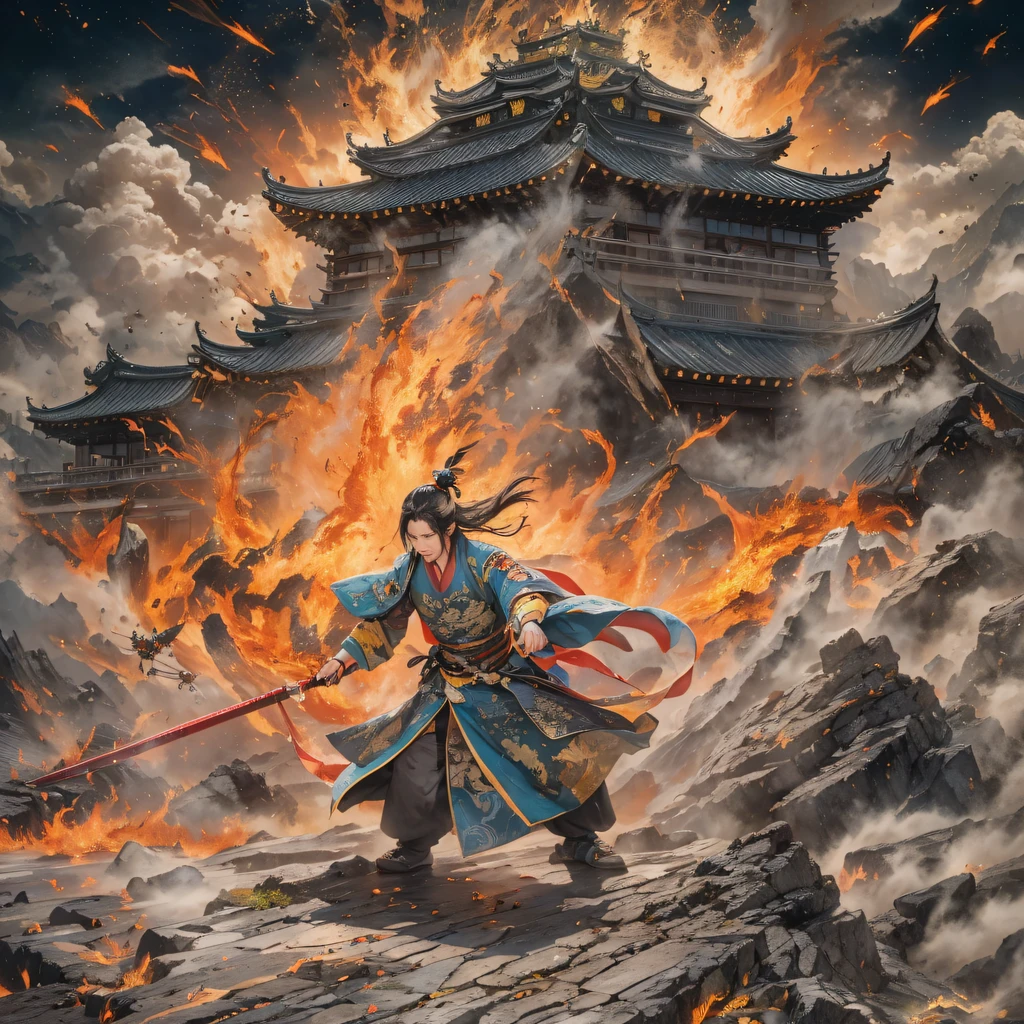 a volcano erupts，Fly into the fairy world, Chance encounter with Liu Hanshu, He saw in him his former self, It was decided to take him as an apprentice, Teach him how to protect himself, But because of the Tibetan star map, He established relationships with the Liu family and the Jade Sword Sect, It opens with the death of Liu Hanshu, Qin Yu embarked on the road of confrontation with a strong enemy, Working hard, Make yourself stronger, Stick to your own core path of justice, I also want to protect the people I care about, The three brothers took off, And embarked on a long journey to find a good brother, Qin Yu, Where are Xiao Hei and Hou Fei（volcanoes）Climb the streets（Latter-day volcano）eyes filled with angry，He clenched his fists，Rush up，Deliver a fatal blow to your opponent，full bodyesbian，Full Body Male Mage 32K（Masterpiece Canyon Ultra HD）Long flowing black hair，Campsite size，zydink， The wounded lined up in the streets（Volcanic canyons）Climb the streets， The scene of the explosion（Gap Fire Valley）， （Linen batik scarf）， Angry fighting stance， looking at the ground， Batik linen bandana， Chinese python pattern long-sleeved garment， canyons（Abstract propylene splash：1.2）， Dark clouds lightning background，Sprinkled with gold volcanoes（realisticlying：1.4），Black color hair，Flour fluttering，rainbow background， A high resolution， the detail， RAW photogr， Sharp Re， Nikon D850 Film Stock Photo by Jefferies Lee 4 Kodak Portra 400 Camera F1.6 shots, Rich colors, ultra-realistic vivid textures, Dramatic lighting, Unreal Engine Art Station Trend, cinestir 800，Volcano Black,（（（volcano valley）））The wounded lined up in the streets（Valley volcano）Climb the streets，Movie master real-time image quality