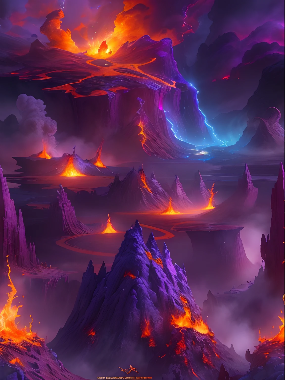 Doomsday landscape,a volcano erupts,Flame sputtering,blasts,molten lava,The phoenix emerged from the smoke,Liquid lava,Colorful phoenix,Paired with purple and blue, fantasy highly detailed, With gorgeous magic lightning rings, magia, beautiful detailed fantasy, hyper-high detail, , magic fantasy highly detailed, stuning fantasy 3 d render, Inspired by L. Highly detailed aesthetics, hyper-high detail