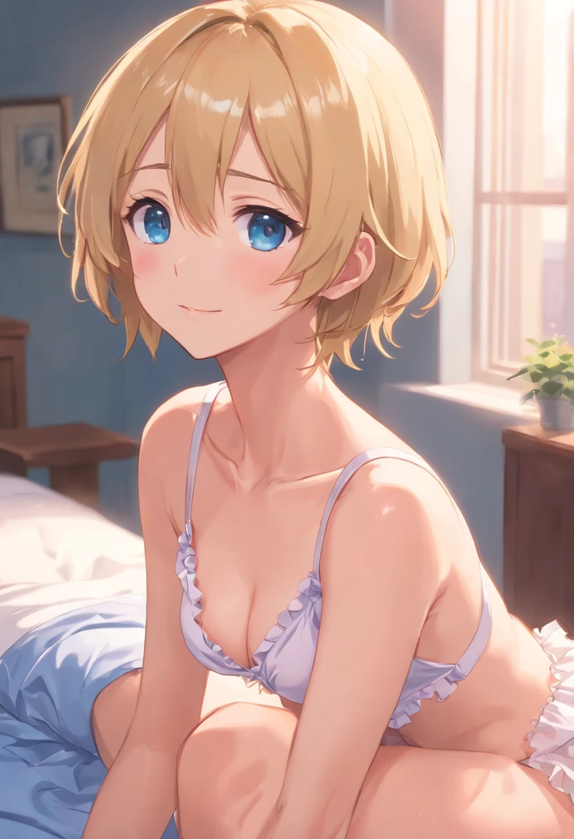 of the highest quality, masutepiece, Ultra high definition, (Photorealistic: 1.4), (Look off: 1.4), (Look off: 1.4), Don't look at the camera, Raw photo, One Femboy, Blonde longhair、straight hairstyle, ), (Patsun: 1.4), Bangs, Smile, Glossy skin, Dramatic Lighting, neat, a pale pink panty、Panties with lots of frills、Boy's body、Slim body、There is a bulge in a man、Femboy with a cute face、blue eyess