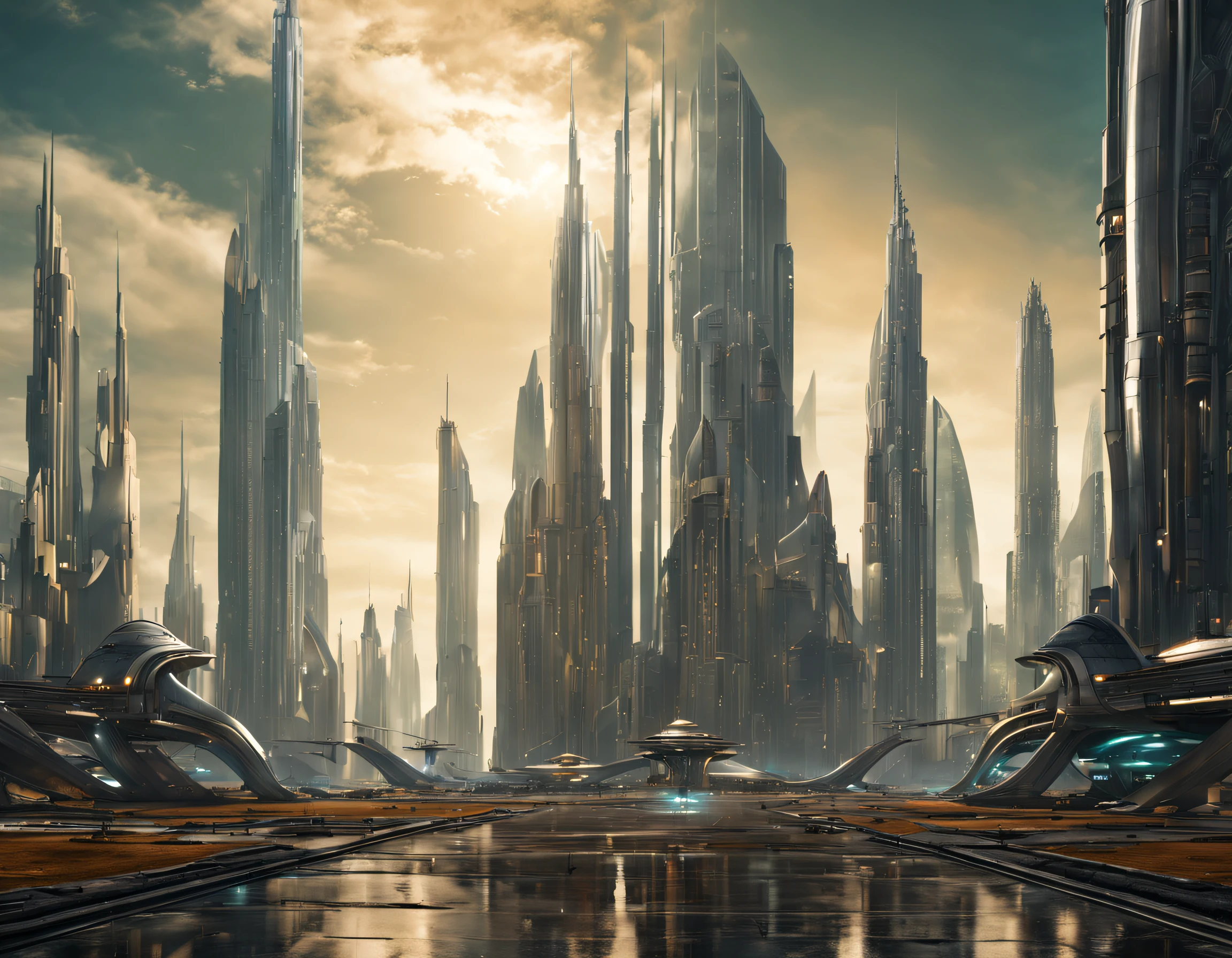 On an unknown planet lies a futuristic fantasy city with immense buildings of technological design (that form an infinite avenue), con estructuras acristaladas en plata, oro y bronce espectaculares. y puentes entre edificios, con colores vivos. pavimento ensolado sin brillo. gente paseando. similar a un coruscant. imagen bien definida con muchos edificios juntos. imagen nitida bien definida 8k.