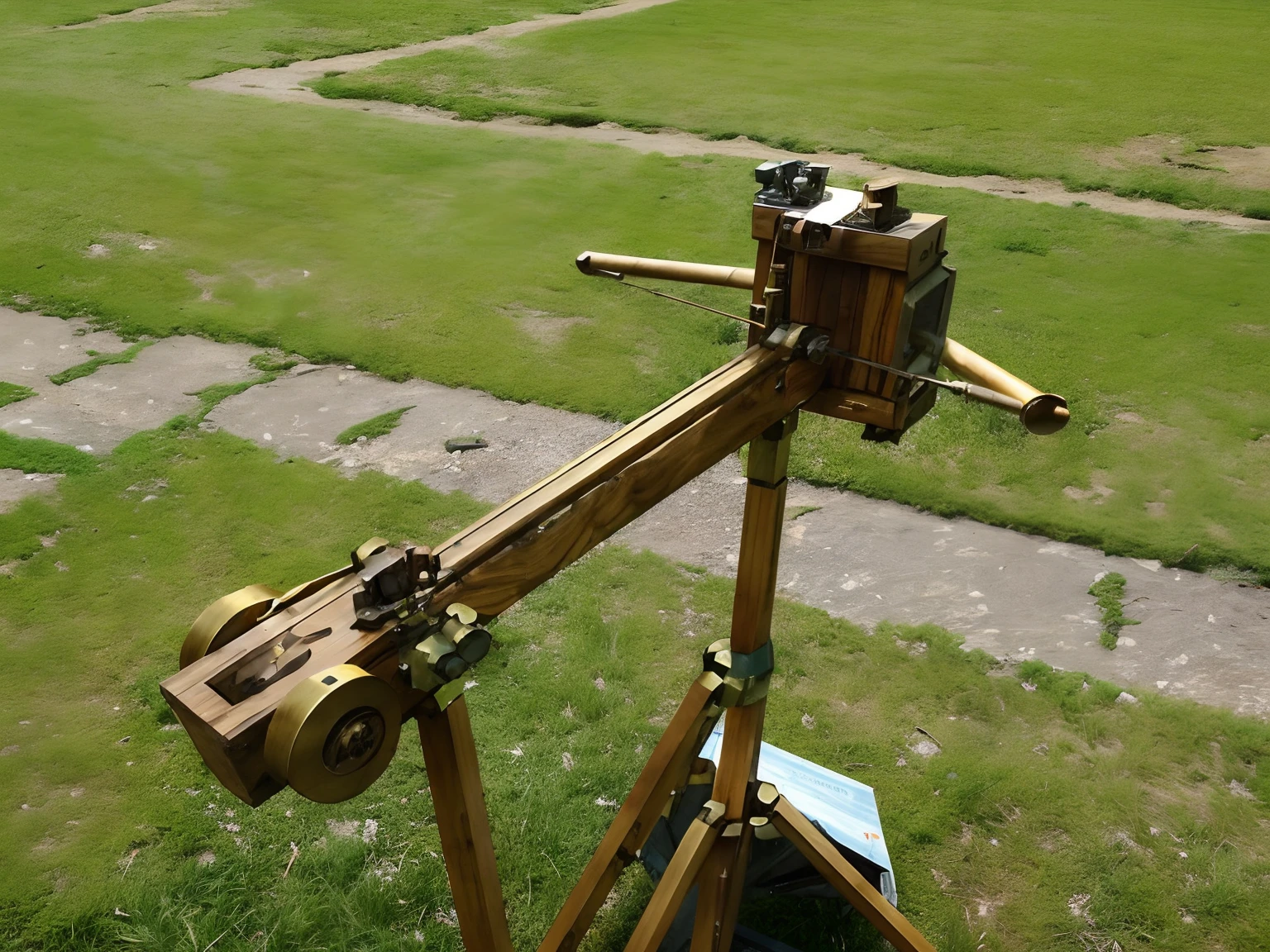 there is a wooden object that is on a tripod, homemade, brass and wood mechanisms, catapults, photo taken from far away, james web telescope, catapult, mechanical arm, vulcaon machine gun, perpetual motion machine, very coherent, wooden, complex contraption, looking towards the camera, taken on a field view camera, outside, woodlathe