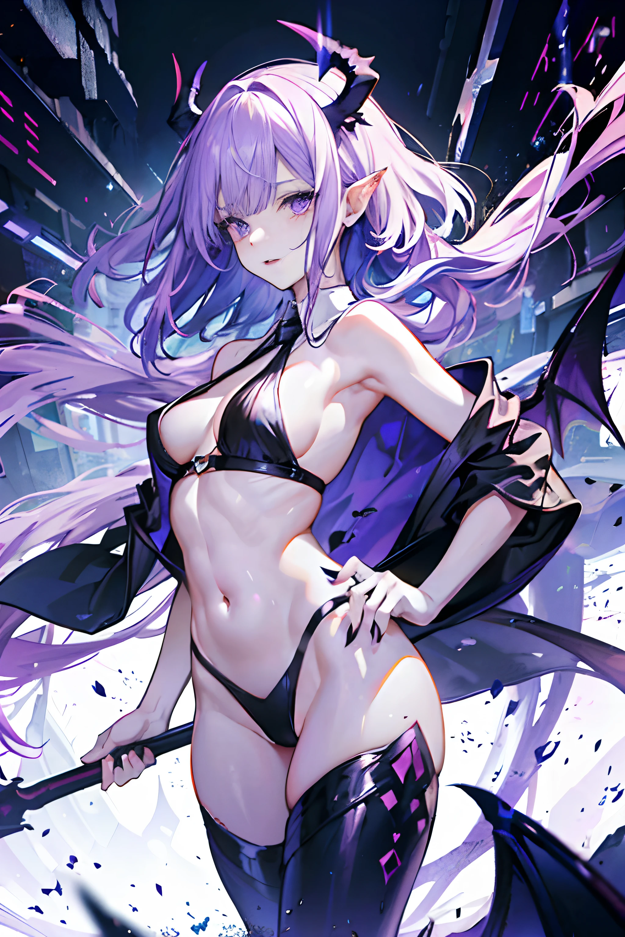 A succubus,Beautuful Women,There is the devil's tail,devil horns,Dragon's horn,Small bat wings,(Gradient hair color:purpleish color、black in color),Black sleeveless cardigan,Vertical stripes,Wrap hip cardigan,long leges,Vertical pupils,with fair skin,The figure is good,Slim waist,Put your hands on your back,Seductive expressions,Titillating,Enchanting face
