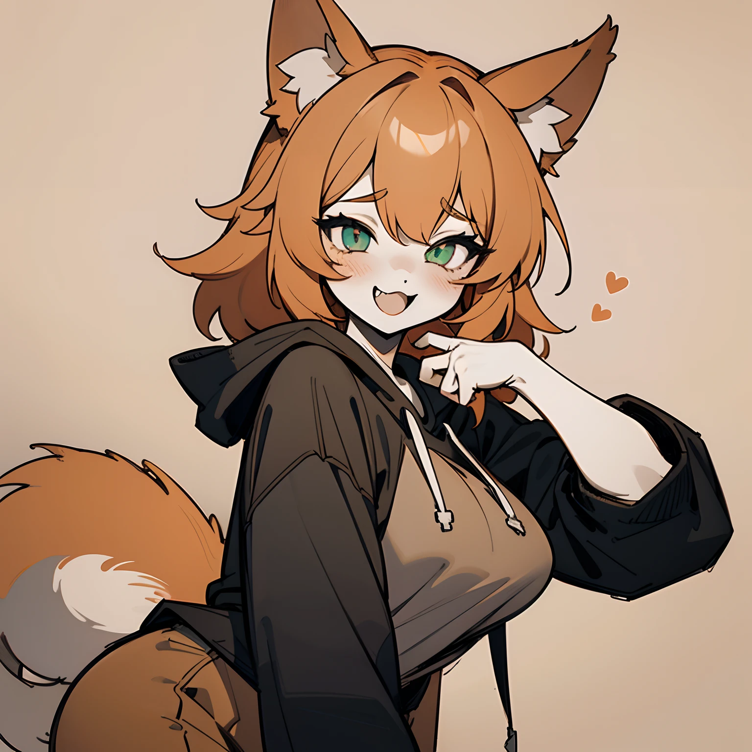 (muted colors, extremely pleasing to the eye color palette, aesthetic artistic pale pastel colors, semi-monochromatic:1.2) cute girl wearing baggy black hoodie, orange hair, big furry fox ears, fox girl, furry art, furry commission oc, aesthetic, happy, in love, blushing, ahegao, plain background, orange!!, thick lineart, simplistic art style, drawing commission, beautiful minimal details, medium boobs, middle part hair