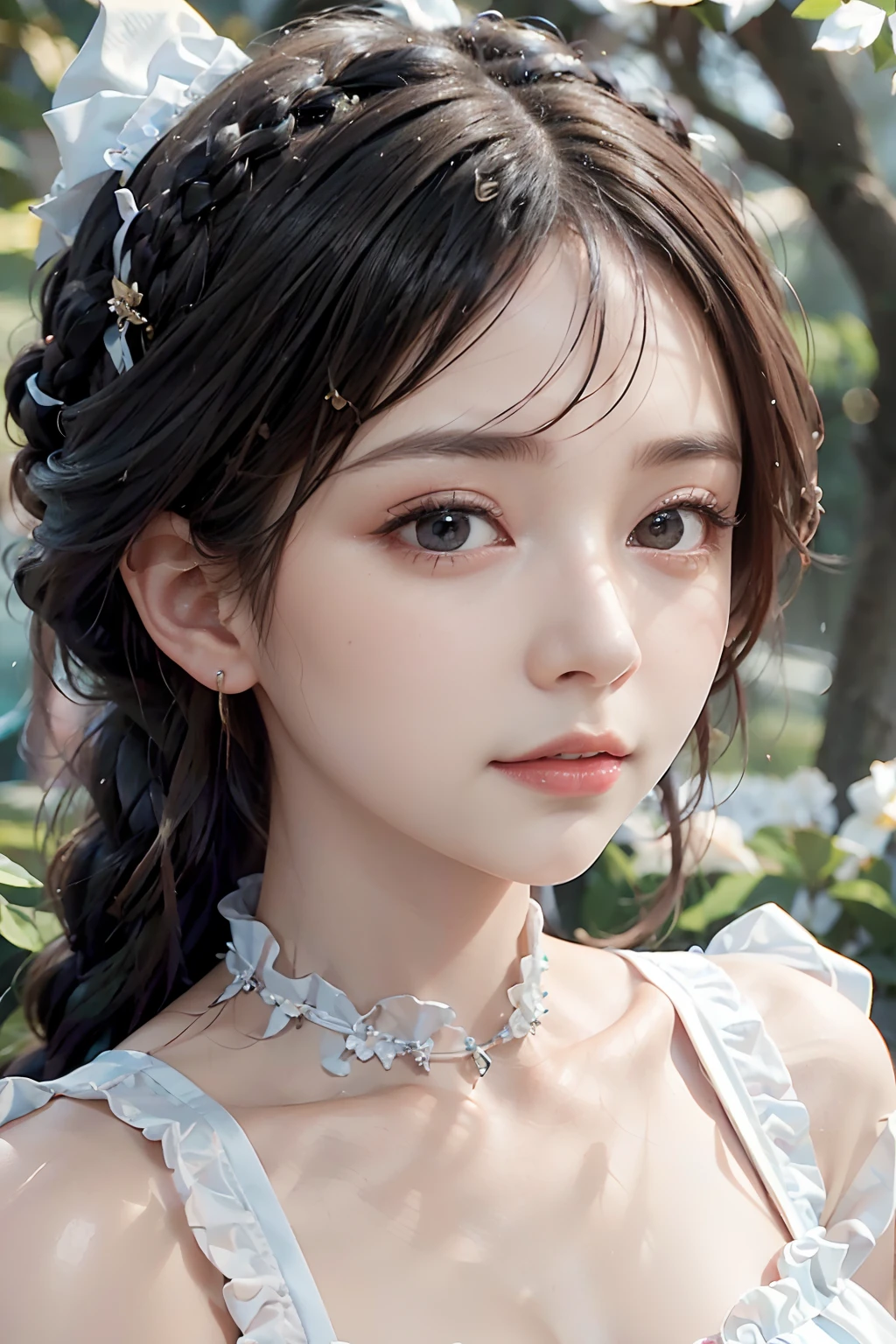 best quality, ultra hi res, photoreaslistic, a photography of a beautiful woman, 20yo teen age, detailed face, black Dutch braids with twists, (detailed porcelain doll,delicate clothes with a lot of frills and ribbons), Mansion pool, (face close up), seductive look, looking at viewer