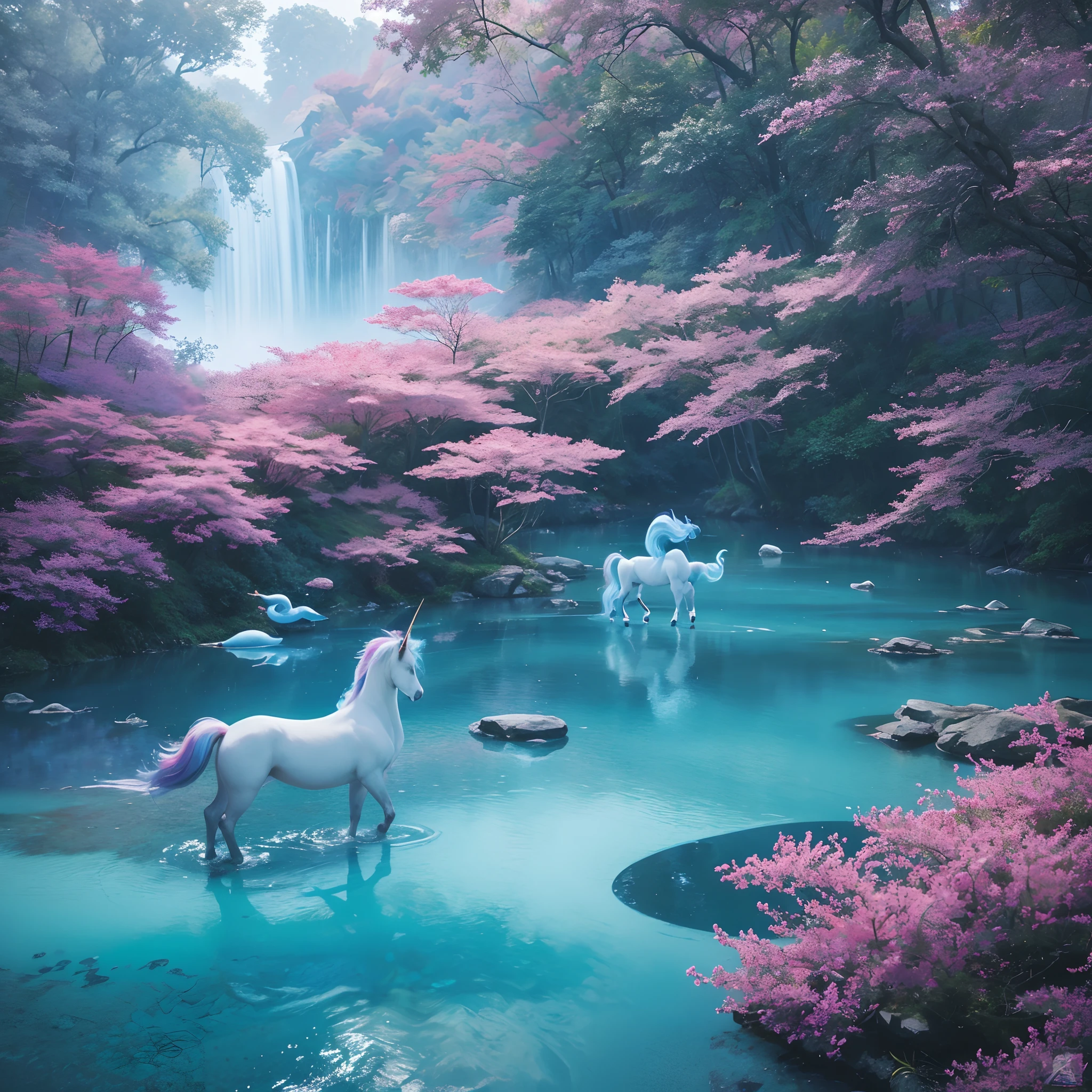 New Oriental Philosophy,Surrealist abstract landscape style,air brush art,Blue and reddish,Chinese contemporary art,Beautiful and unique unicorn,Surrealist details,Marvellous colorful forest,Octane rendering,Ultra-detailed -- ar 66:83--q 2--v 5.1--Original style。