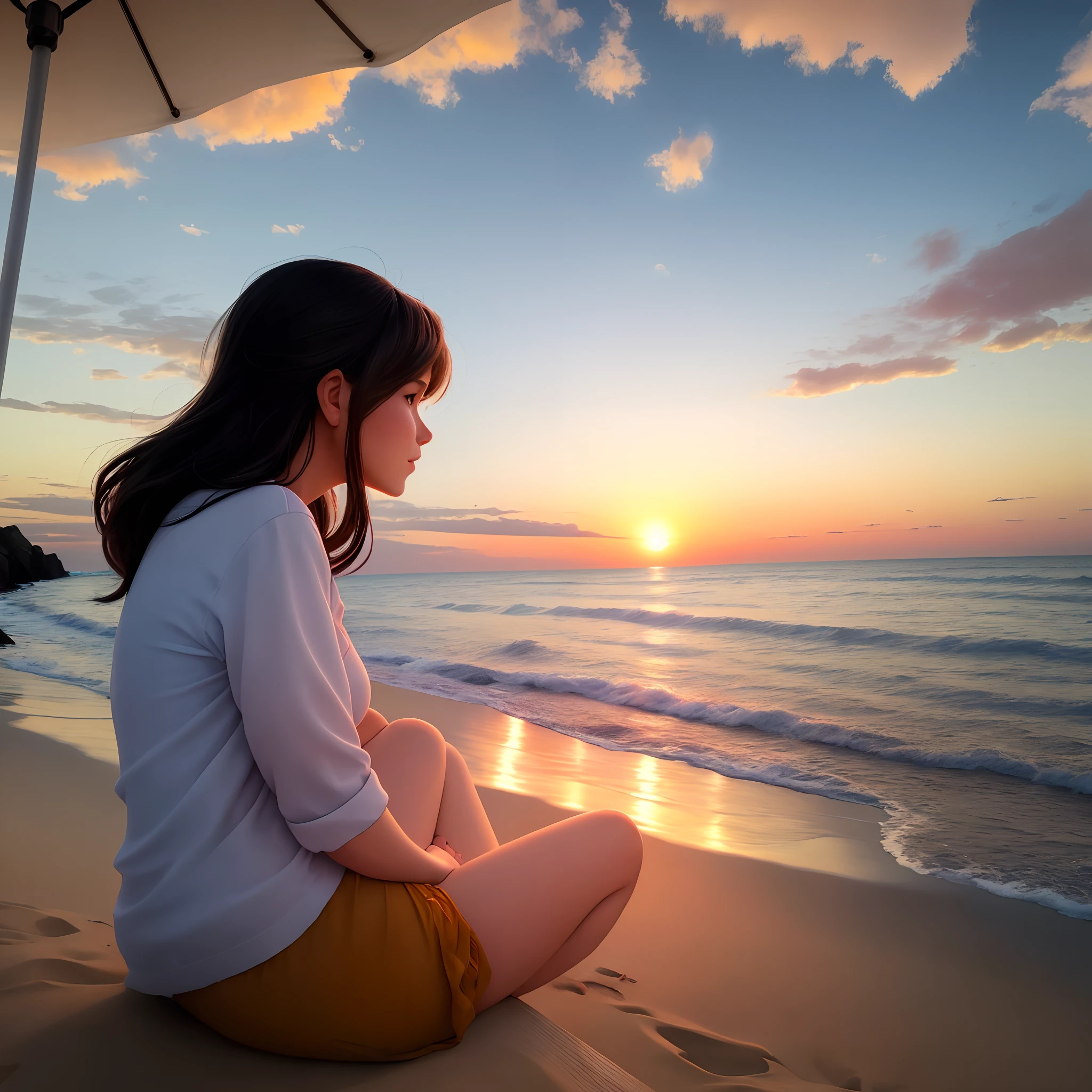 A woman sitting on the beach watching the sunset