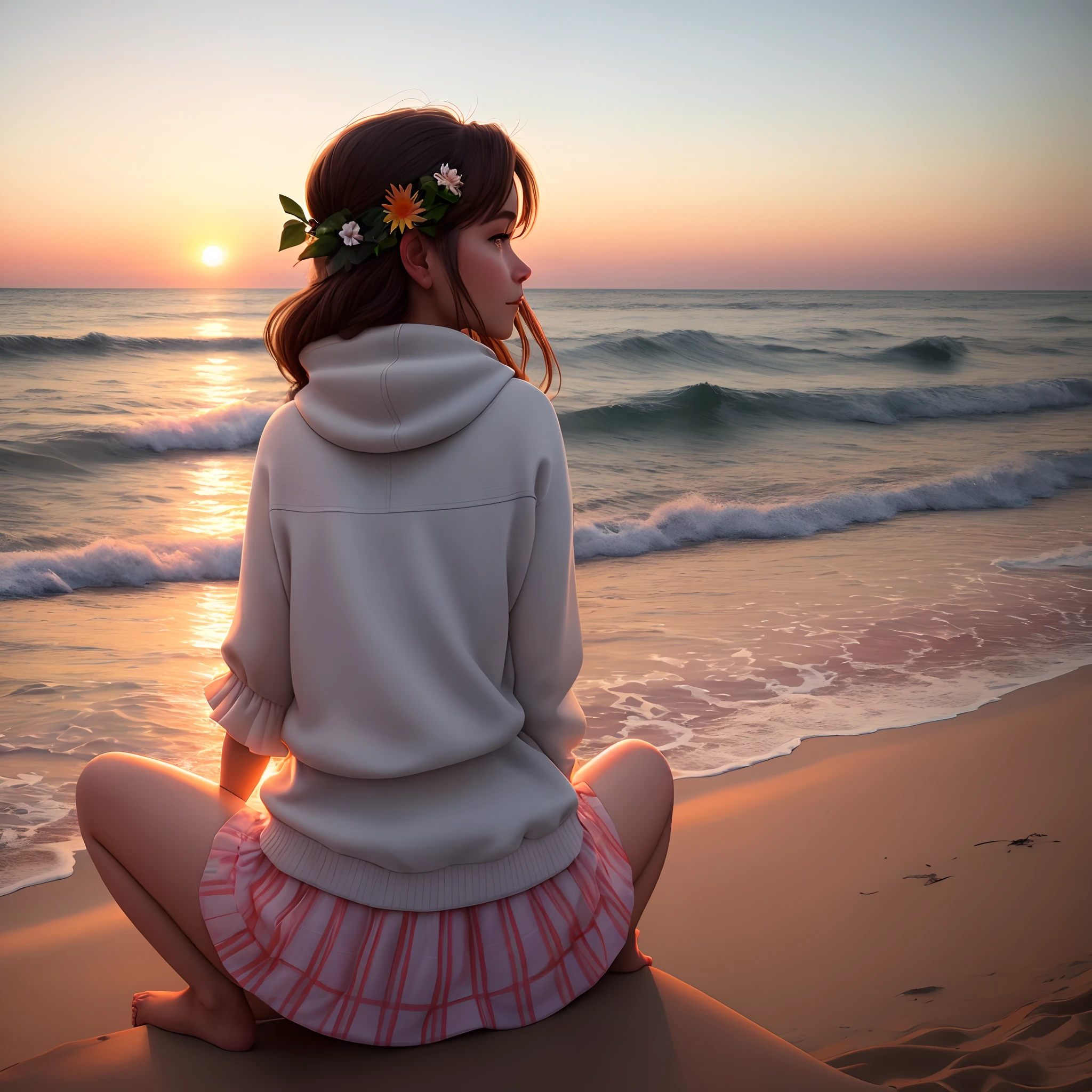 A woman sitting on the beach watching the sunset