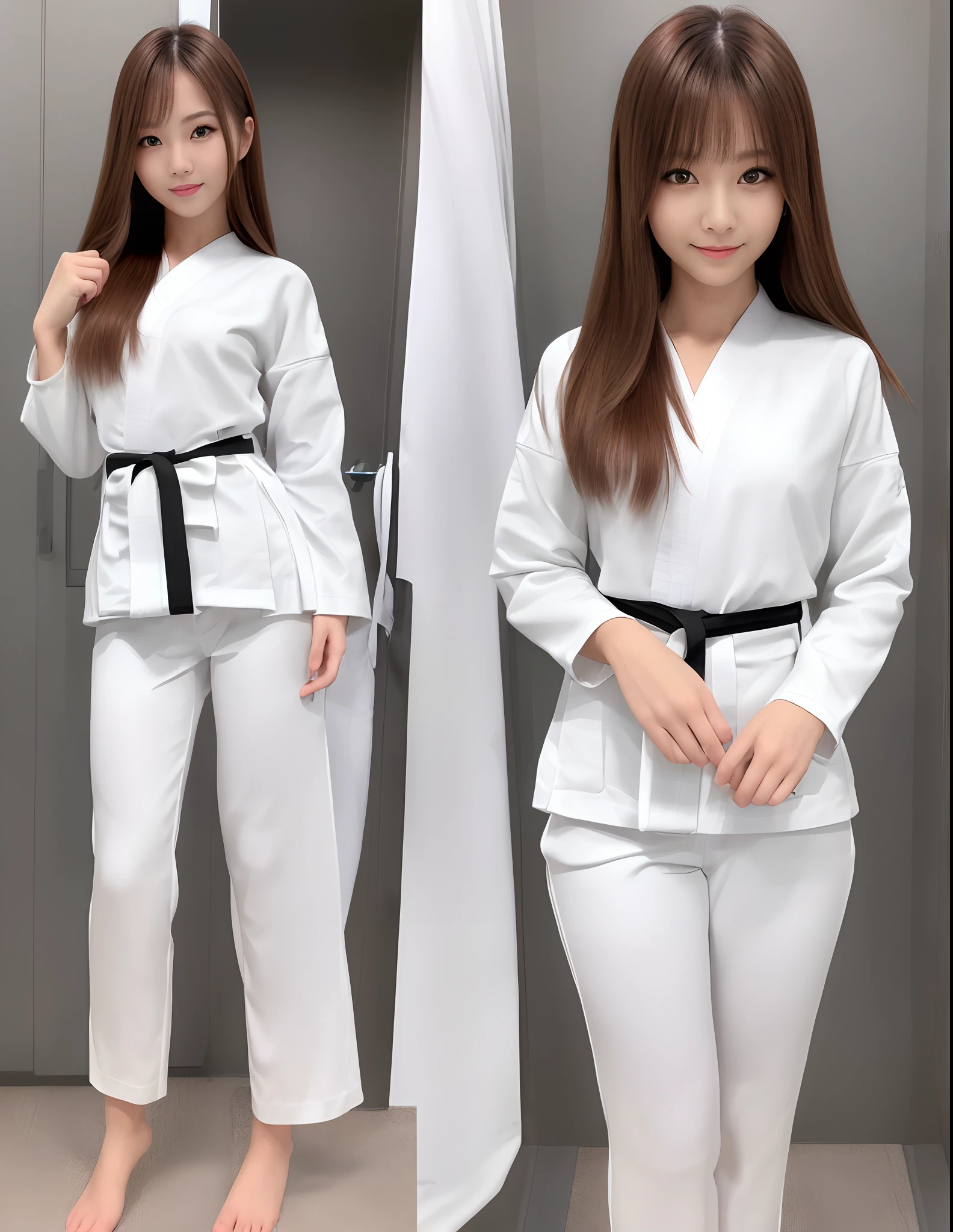(Photorealsitic)(sixteen years old), Perfectly beautiful woman, (Full body 8K portrait), Stand alone, Stick out your fist, Large and dynamic hand and foot movements, Correct skeleton, White Karate Uniform, White karate pants, Large bust, Perfect facial detail, (Smile: 1.15), attractive beautiful face, gazing at viewer, a small face, 二重まぶた, Beautiful detailed eyes, long eyeslashes, ligh brown hair, Hairstyle is bob style, Toned waist, Beautiful thin legs, toned ankles, bare-legged ,TOKYOcty