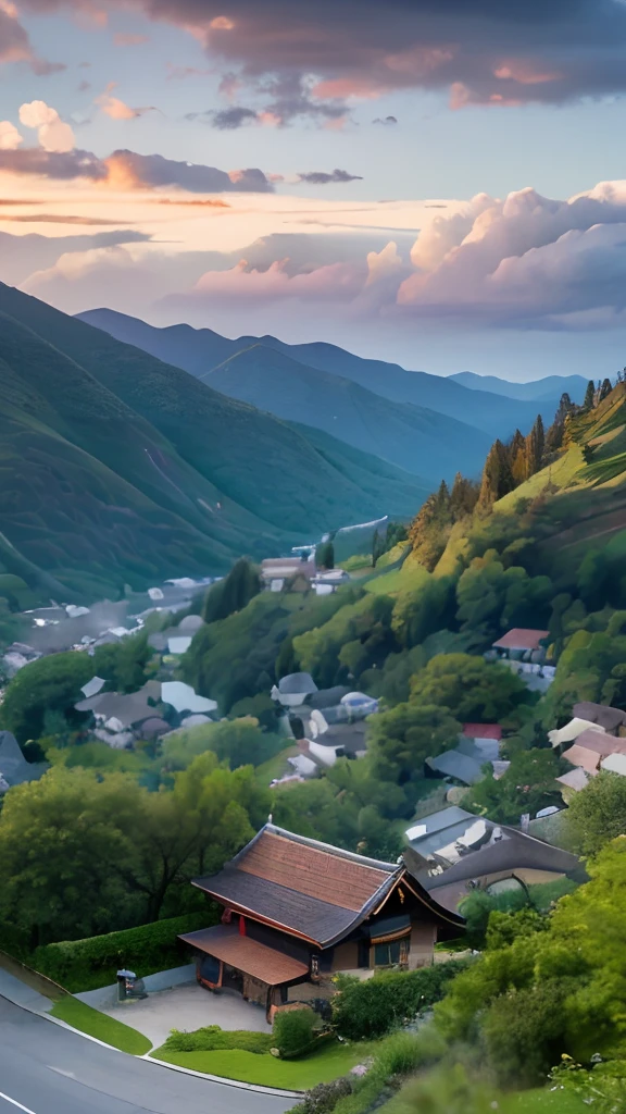 "Multicolored stones", "Zhuang village", "mountain ranges", "House", "Zhuang style", "Rich and diverse", "vibrancy, (Best quality, A high resolution, Masterpiece:1.2), Ultra-detailed, Realistic:1.37, hdr, mountain landscape, Winding mountain road, Quaint mountain village, distant background, Cloudy sky, Misty atmosphere, lush green trees, Vibrant colors, Perspective view, Old steam locomotives, Steam ejection, Quaint house, red roofs, Winding roads, Stone, Rolling hills, tranquil ambiance, serene environment, Natural beauty, enchanting scenery, dramatic clouds, Cloudy mountains, Charming mountainside, Idyllic countryside, Dynamic composition, Atmospheric lighting, Soft shadows, immersive experience, Deep in the forest, Picturesque charm., 4K