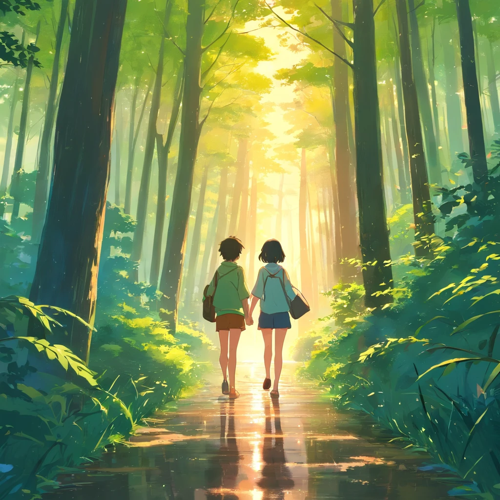 tmasterpiece，best qualtiy，Comics Luo，Two people standing and walking，after rainny，Light，cheerfulness，Warm and soft lighting，the woods,