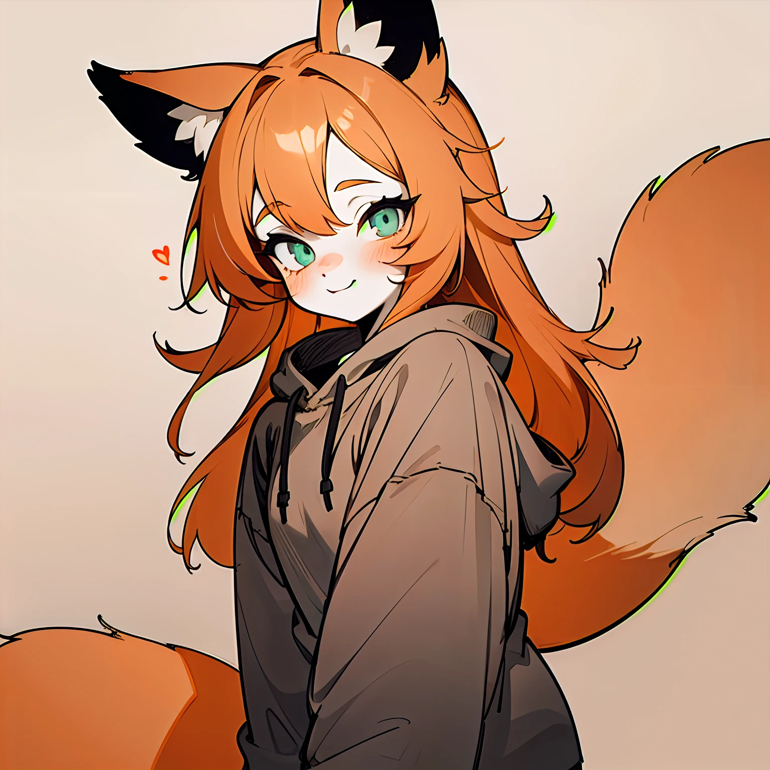 (muted colors, extremely pleasing to the eye color palette, aesthetic artistic pale pastel colors, semi-monochromatic:1.2) cute girl wearing baggy black hoodie, orange hair, big furry fox ears, fox girl, furry art, furry commission oc, aesthetic, happy, in love, blushing, ahegao, plain background, orange!!, thick lineart, simplistic art style, drawing commission, beautiful minimal details