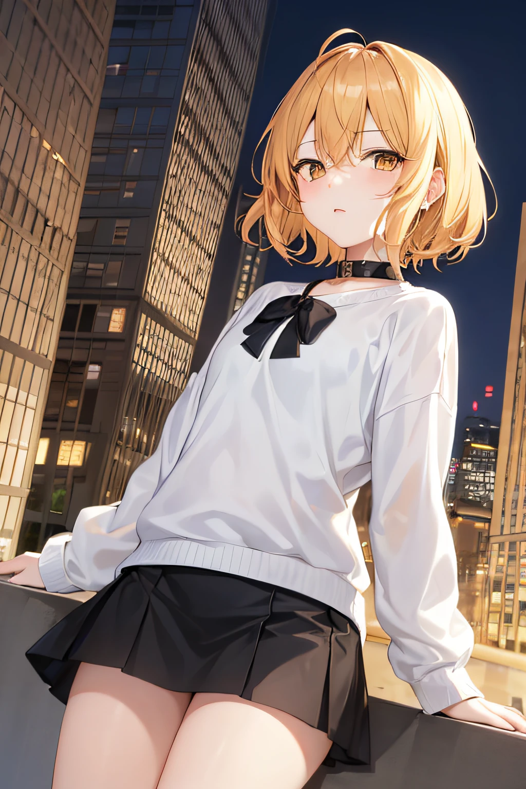 anime, 1boy, short golden hair,golden eyes,wearing white skinny, black short skirt,city,absurdres,looking at viewer