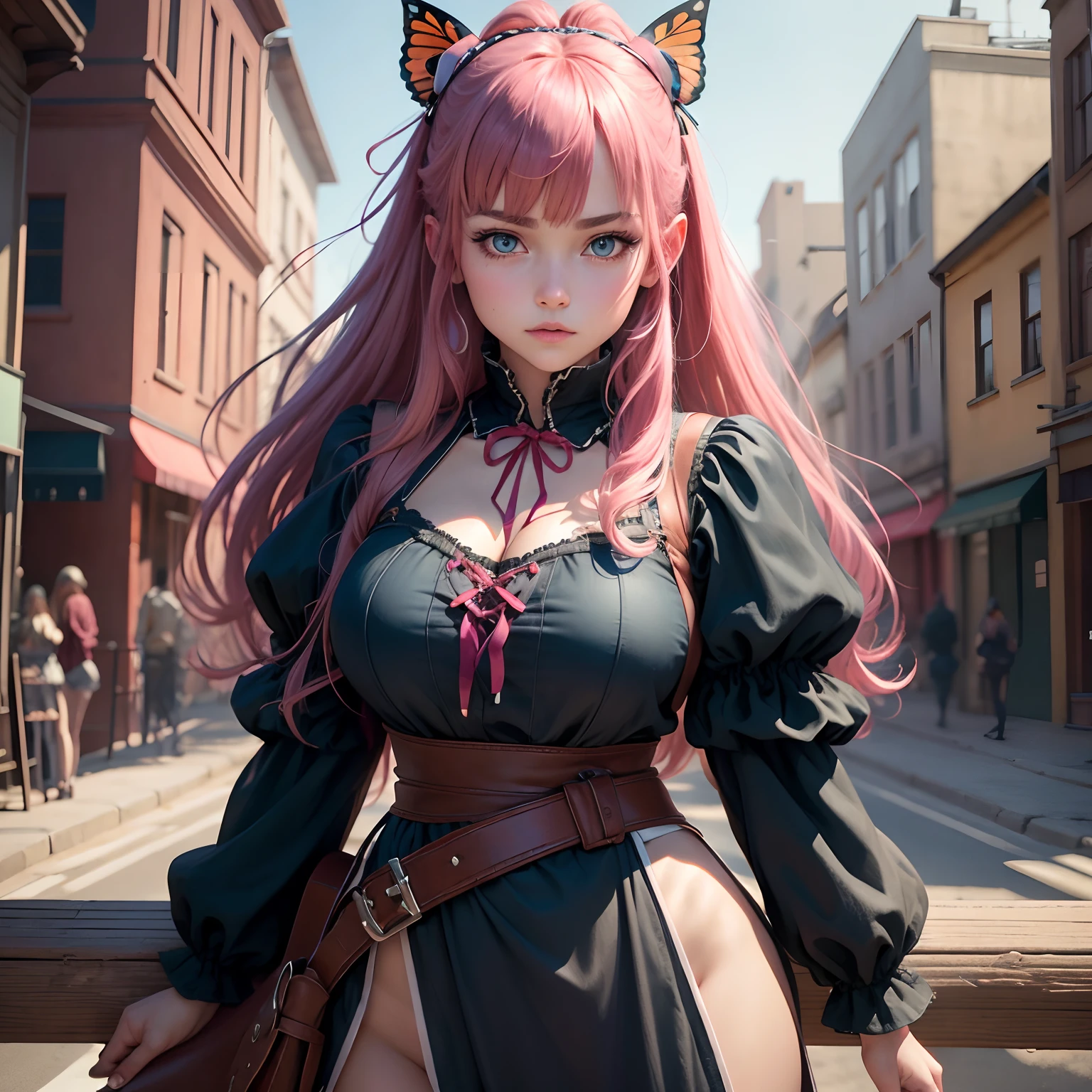 8k, masterpiece, best quality, realistic, higly detailed, cowboy shot, 1girl, solo, Nino, cute, cold-looking girl, waist-length straight hair, square bangs hanging over eyebrows, reddish-pink hair, twin butterfly-shaped ribbons on both sides of head, dark blue eyes, average height, well-endowed figure, large breasts, fashionable girl, various cute accessories, takes care of nails, Rogue