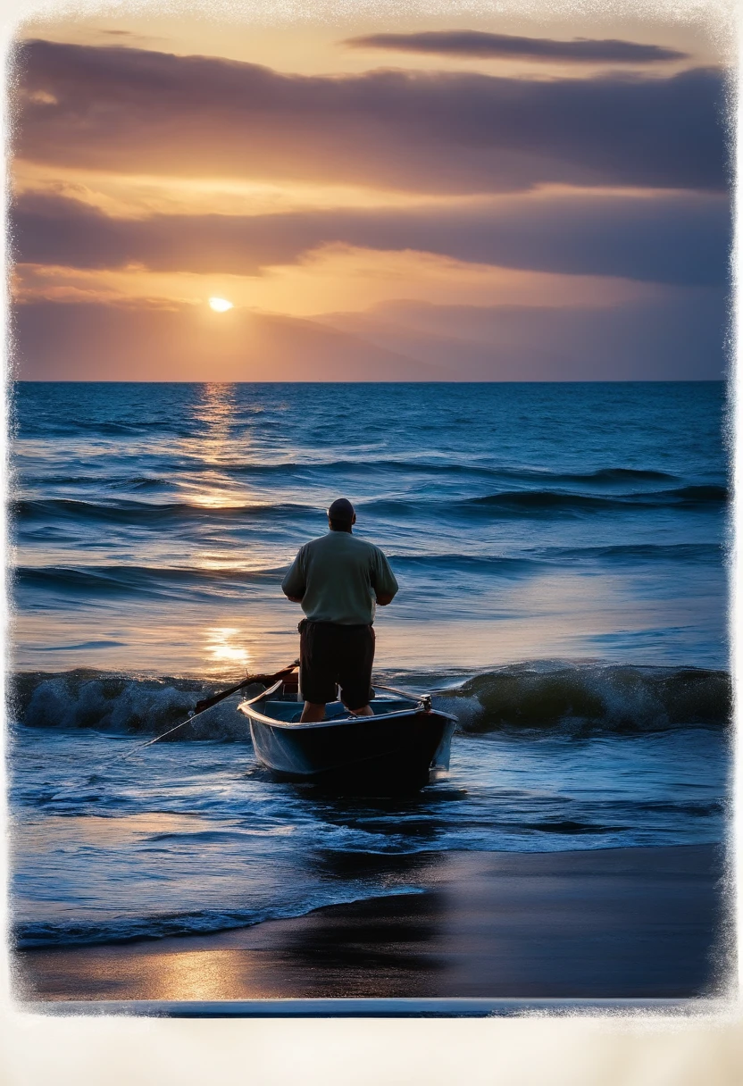 homem, pescando no mar, em um barco, retirando a rede de pesca do mar, Sea of Galilee, uma menina olhando na praia, cidade antiga ao fundo da imagem, olhando de dentro do mar.