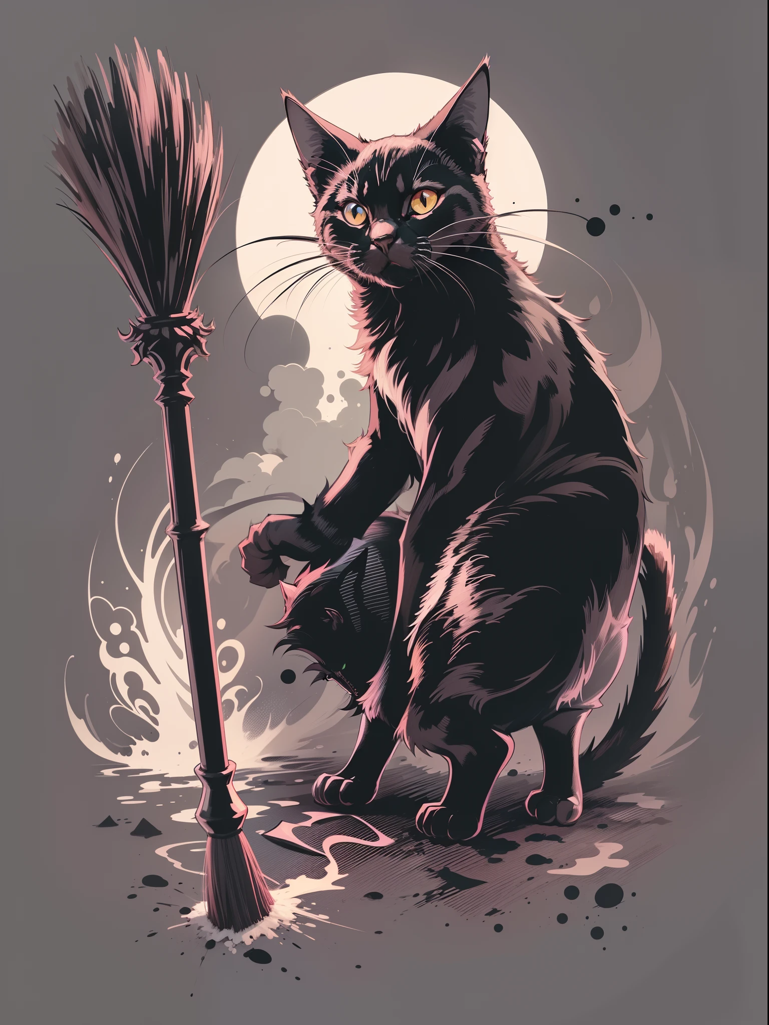 printable t-shirt vector of image of black cat with a broomstick in his hand dark style, drawn art style image, image with white background, black and white toned image