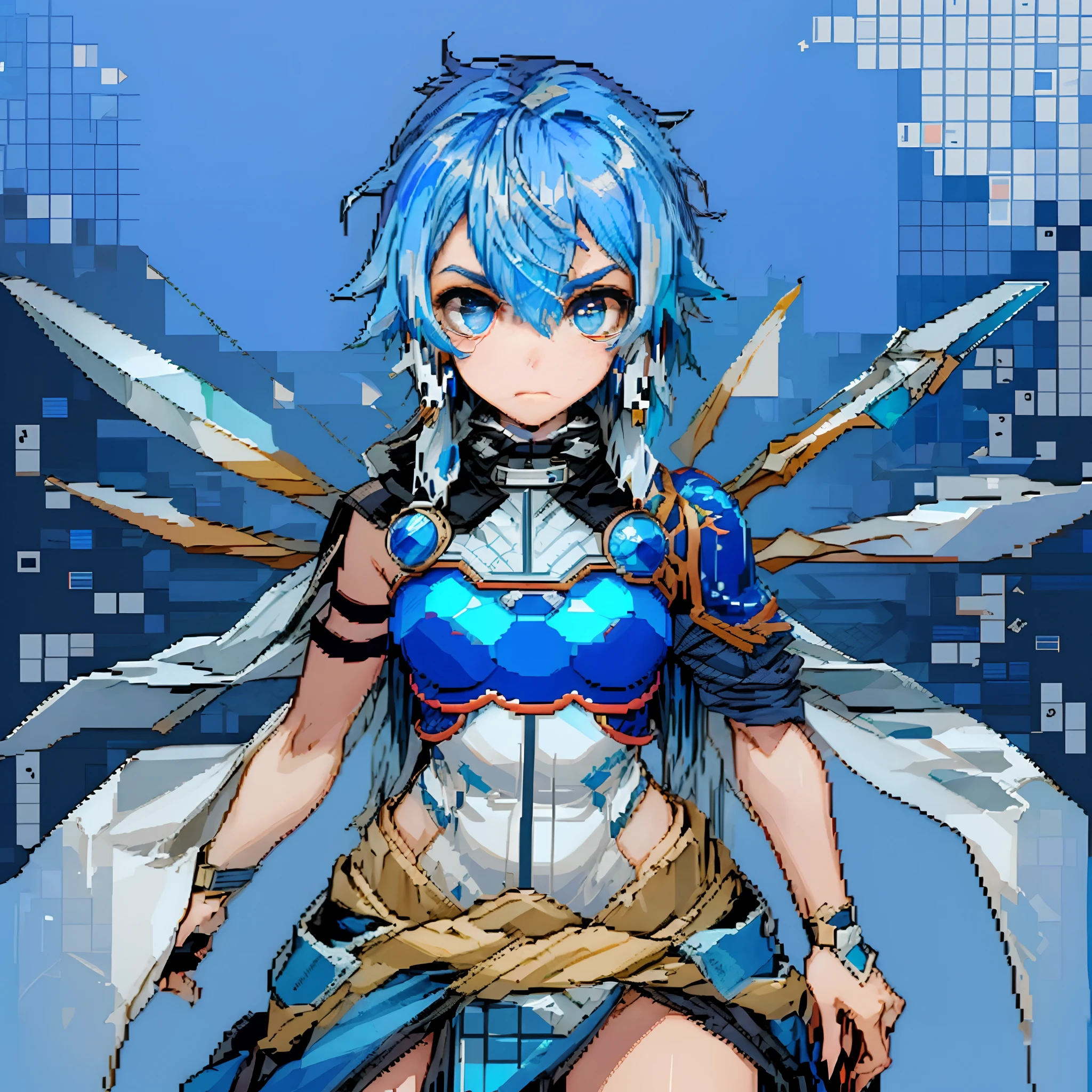 (masterpiece, top-quality, top-quality), (front view:1.5), pixels, Pixel art, ((1 female)), ((pixelated, a pixelated female with light blue hair and wearing silver armor and dark blue clothing, (pixelated hair, (pixelated face), pixelated eyes))), Sinon Solus from Sword Art Online