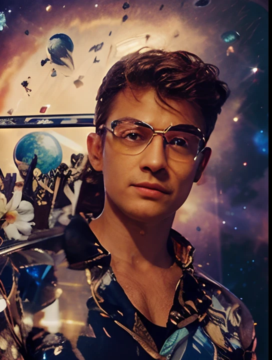 Change background, galaxy,space, realistic, glasses