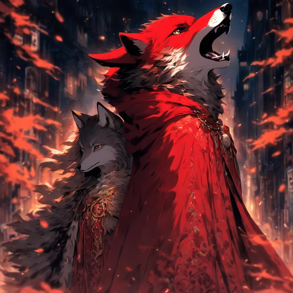 A girl in a red cloak and a wolf stand side by side, Chapeuzinho Vermelho, vestido com uma bela joia vermelha manto trabalhado, estilo anime 4K, Kawacy, circunstanciado, arte conceitual, pintura digital,