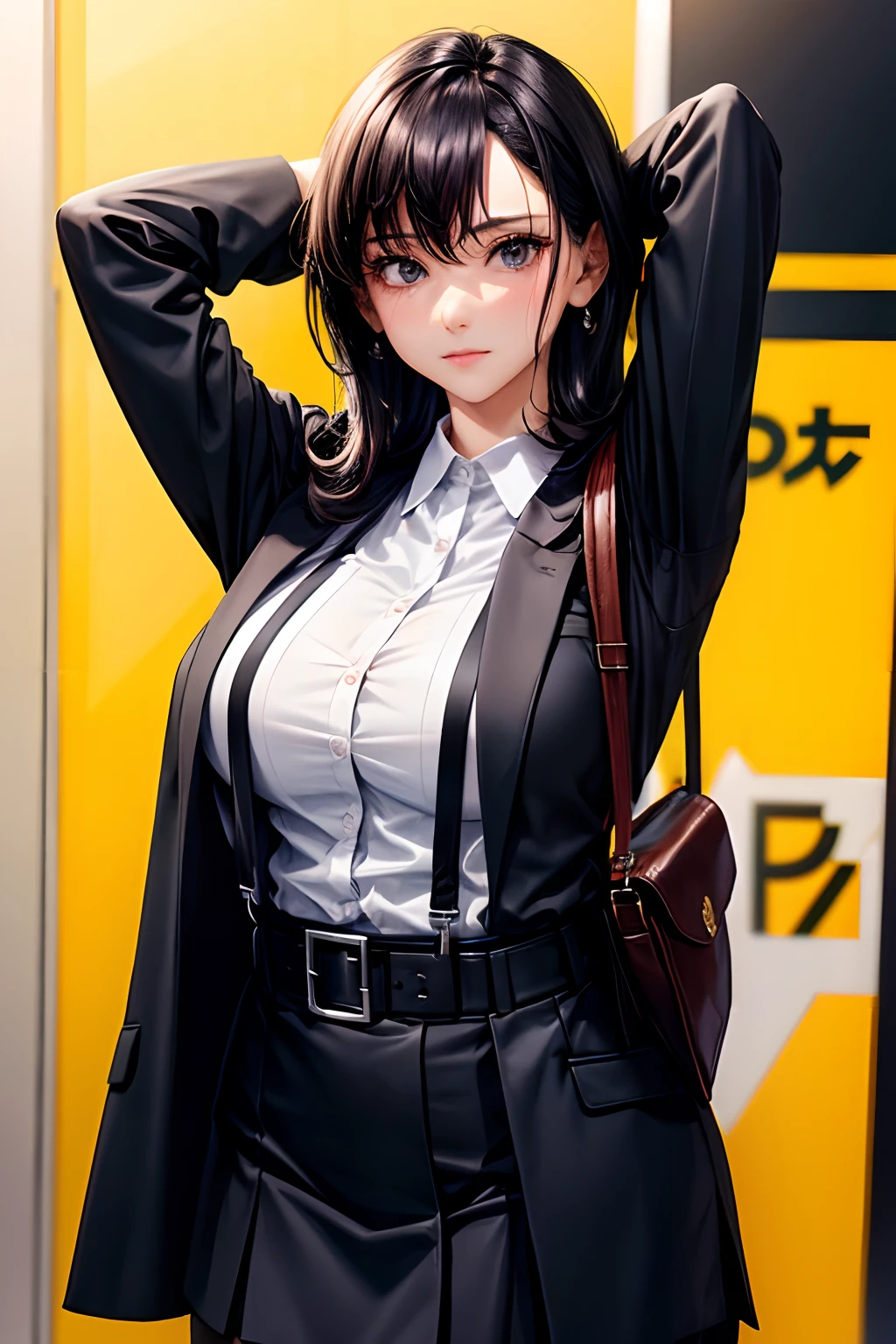 Black hair,eyecontact,Suit,Collared shirt,Belt bag,suspenders,Professional,Office Lady,Mature Women,Black mini skirt　garterbelts　knee high　Stockings　Black Niso　Colorcon armpit sweat　perspiring　Side of both hands,Black jacket,Gaze,ample bosom,Armpit sweat,Exposing the armpits"Pichi Pichi clothes