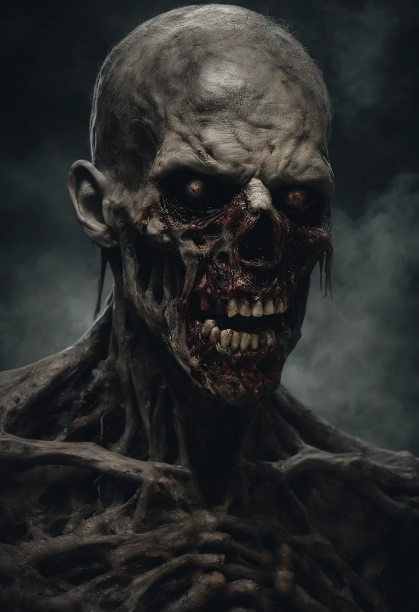 An undead zombie with a split jaw and empty eye sockets, gloomy atmosphere, rot