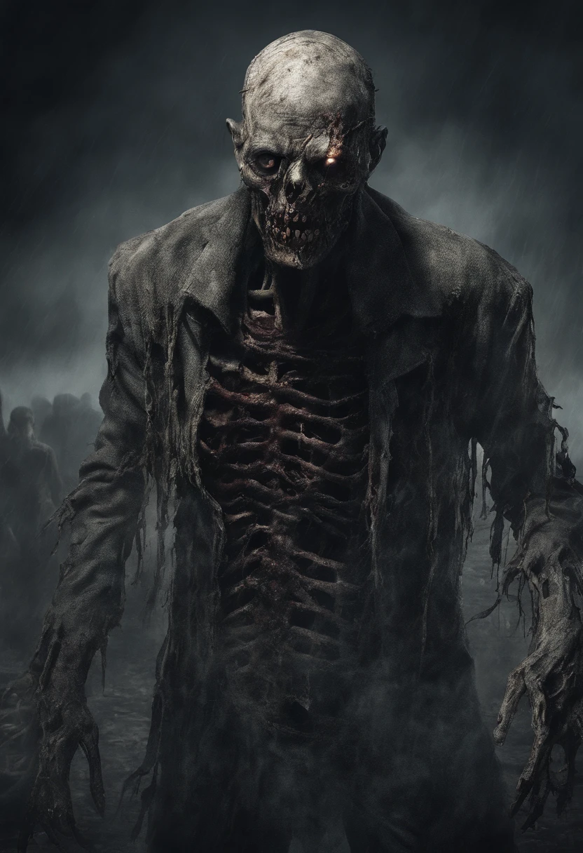 An undead zombie with a split jaw and empty eye sockets, gloomy atmosphere, rot