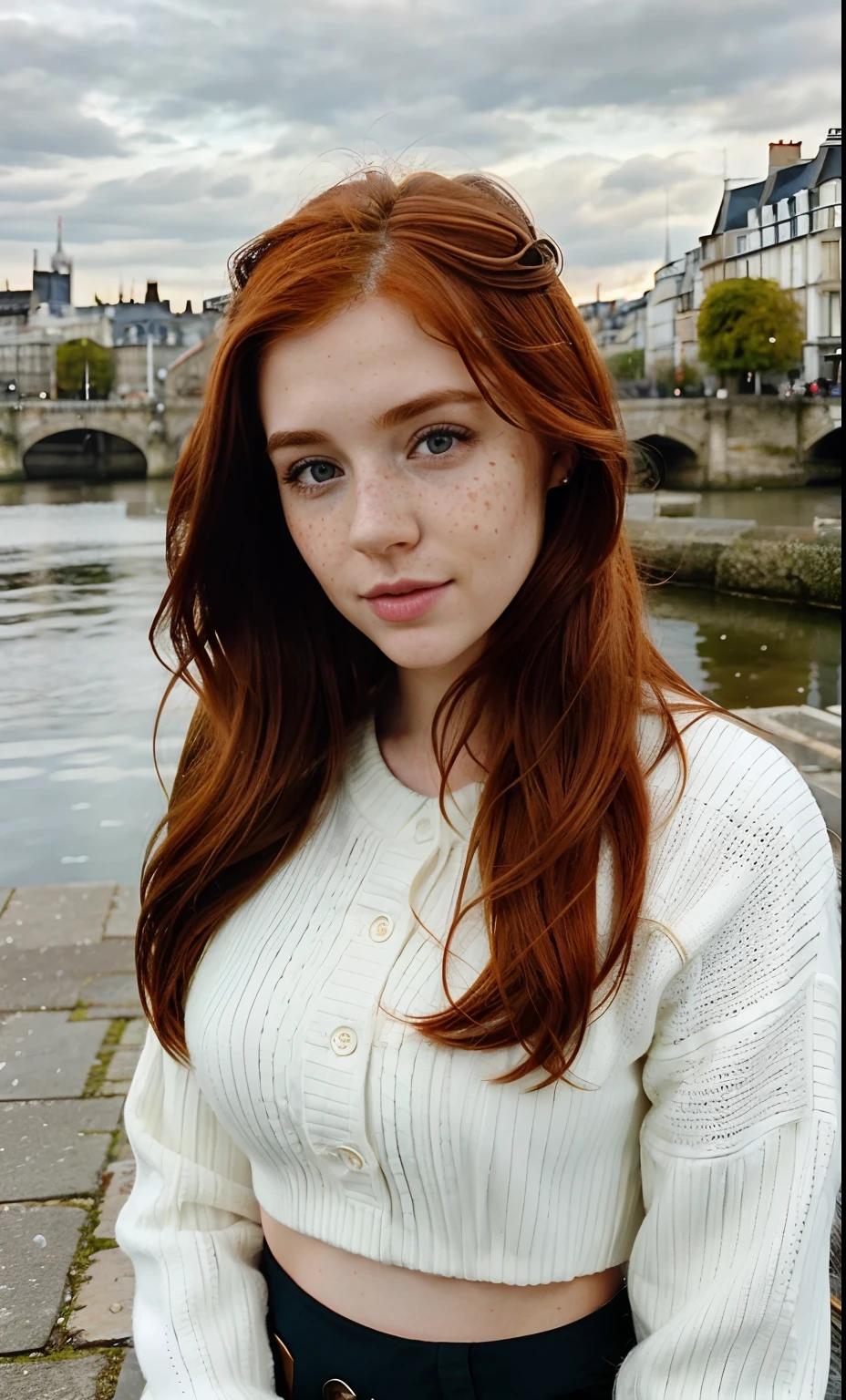 Hyper realistic 23 year old redhead girl of Irish origin with freckles in selfie mode for Instagram dressed Snapchat influencer Full photo of London dressed winter in France