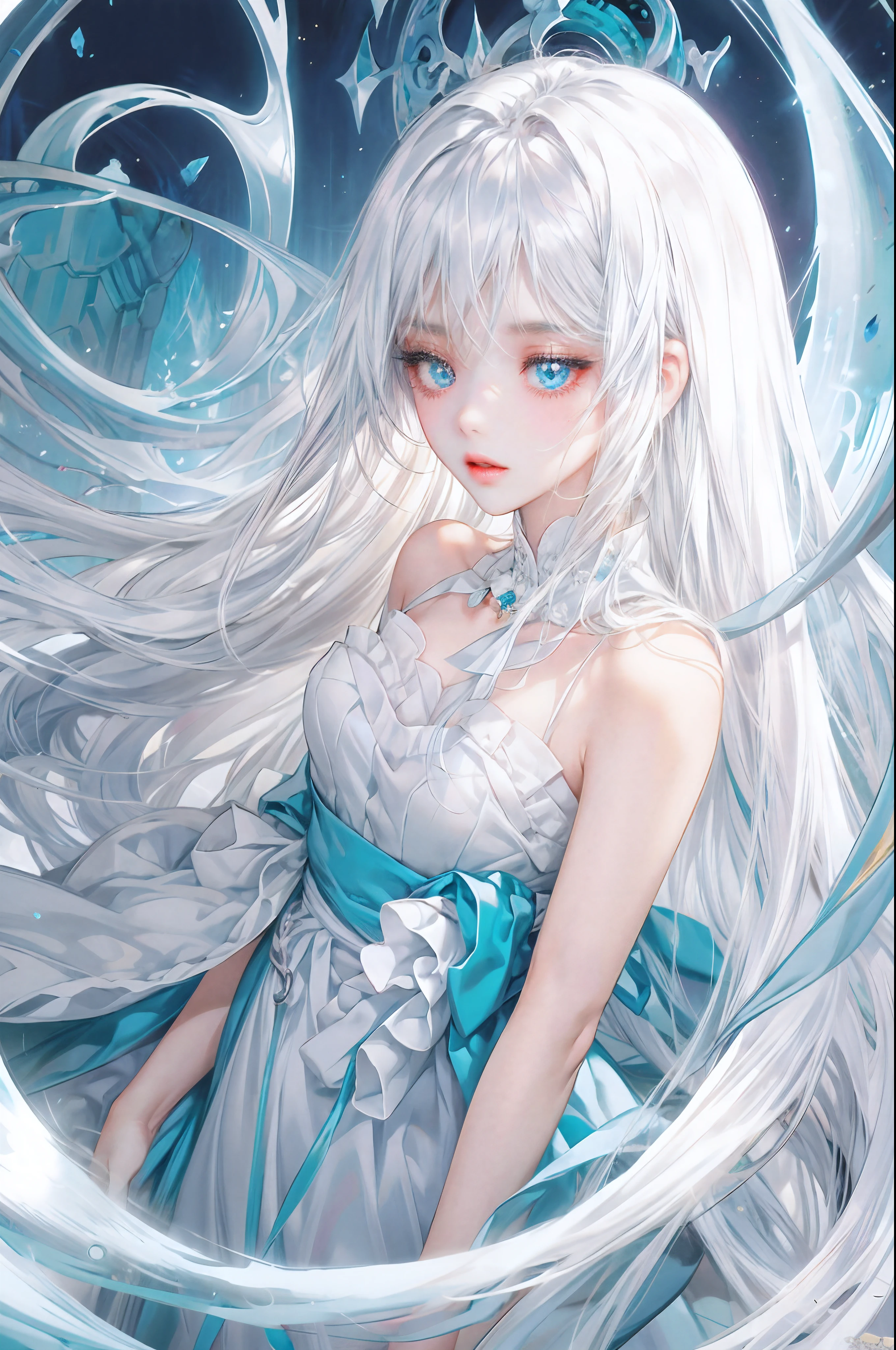 anime girl with long white hair and blue eyes in a blue dress, girl with white hair, anime style 4 k, white haired deity, digital art on pixiv, beautiful anime girl, flowing white hair, anime art wallpaper 8 k, anime art wallpaper 4 k, anime art wallpaper 4k, anime girl with long hair, perfect white haired girl, detailed digital anime art, perfect face, perfect eyes, symmetrical proportion, symmetrical eyes, symmetrical face, beautiful girl, blushing, natural beauty, detailed iris
