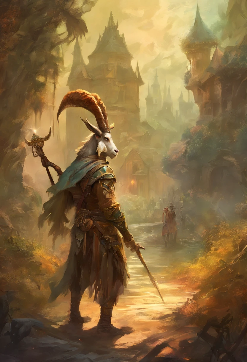 goat man with huge musketeer hat, an advisor for the king, in busy swamp city, huge pickax weapon
