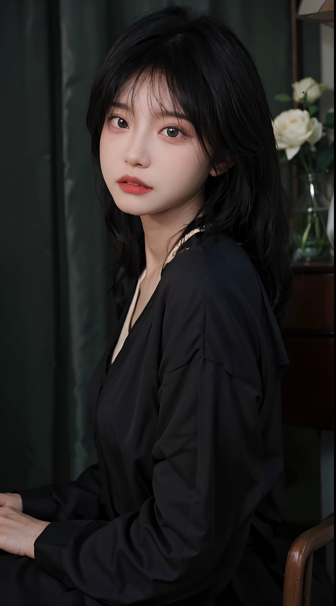 best qualtiy，tmasterpiece，超高分辨率，（realisticlying：1.4），a close up of a woman with long black hair wearing a black dress, Cai Xukun, gorgeous chinese models, Gorgeous young Korean woman, beautiful Korean women, yanjun cheng,  xintong chen, ruan jia beautiful!, Beautiful young Korean woman,