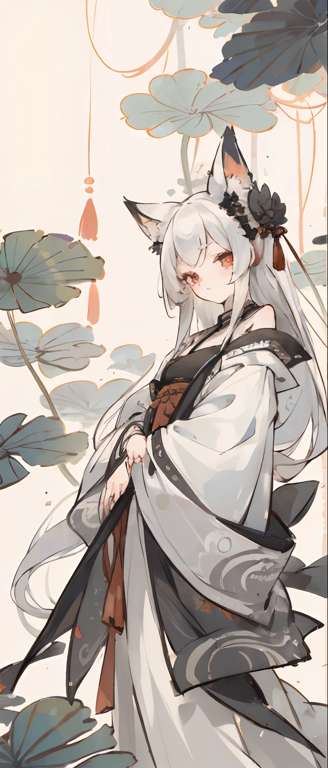 ((4k,masterpiece,best quality)), shuimobysim, traditional chinese ink painting, lotus,  hanfu, maxiskit, dress conservatively, 1 girl, solo, white hair, long hair, fox ears, white, bikini, fish, many fish near girl, look at viewer, tease