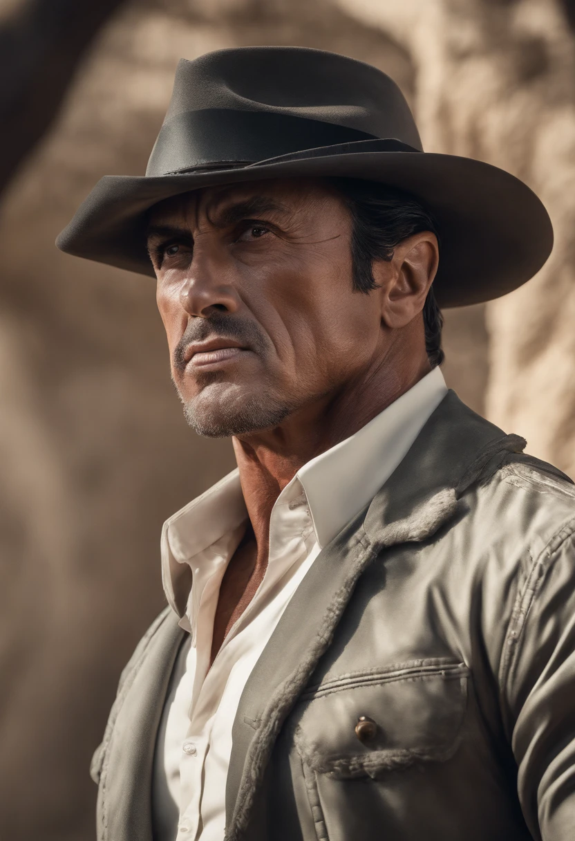 (Best quality,4K,8k,high resolucion,Masterpiece:1.2),Ultra-detailed,(Realstic,photoreallistic,photo-realistic:1.37),Sylvester Stallone,Rambo,Action Heroes,muscular body,en costume sur mesure, expression arrogante,Strong Jawline,Regard intense,Fierce determination, in background,Cadre d un bureau d un homme riche et important,Terrain boueux,Color Grading with Warm Tones ,Dynamic lighting creates dramatic shadows,Grainy details,high contrast ,Blurred background emphasizing movement,Iconic pose,Faits saillants,ombres profondes,Sequence ,Perspective grand angle,Cinematic feel,Heroic proportions,Imposing presence,guerrier implacable,Sylvester Stallone as the ultimate action legend