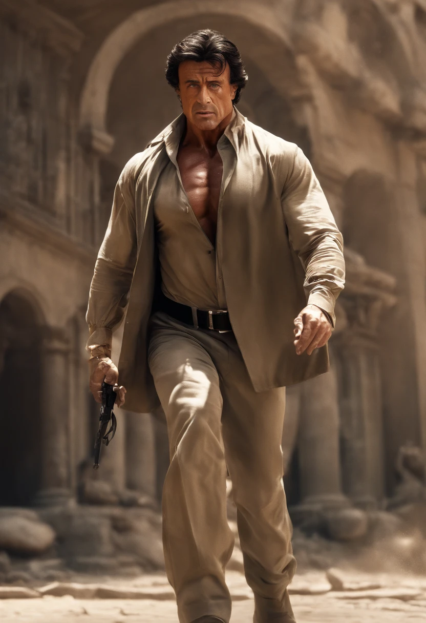 (Best quality,4K,8k,high resolucion,Masterpiece:1.2),Ultra-detailed,(Realstic,photoreallistic,photo-realistic:1.37),Sylvester Stallone,Rambo,Action Heroes,muscular body,en costume sur mesure, expression arrogante,Strong Jawline,Regard intense,Fierce determination, in background,Cadre d un bureau d un homme riche et important,Terrain boueux,Color Grading with Warm Tones ,Dynamic lighting creates dramatic shadows,Grainy details,high contrast ,Blurred background emphasizing movement,Iconic pose,Faits saillants,ombres profondes,Sequence ,Perspective grand angle,Cinematic feel,Heroic proportions,Imposing presence,guerrier implacable,Sylvester Stallone as the ultimate action legend