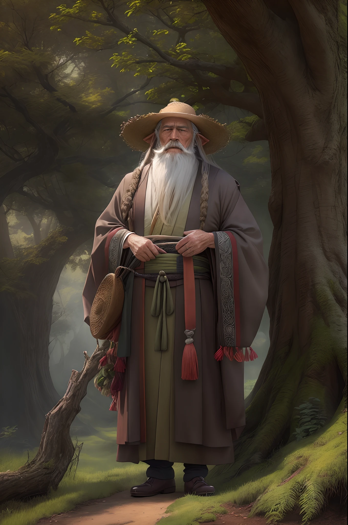A frontal portrait of a wise old man with the tree of wisdom.
a man with a long beard standing next to a tree, a character portrait, featured on cgsociety, with straw hat, ancient japanese monk, paul barson, of an elden ring elf, the look of an elderly person, wearing flowing robes, highly realistic photo, anime lush john 8k woods, stock photo