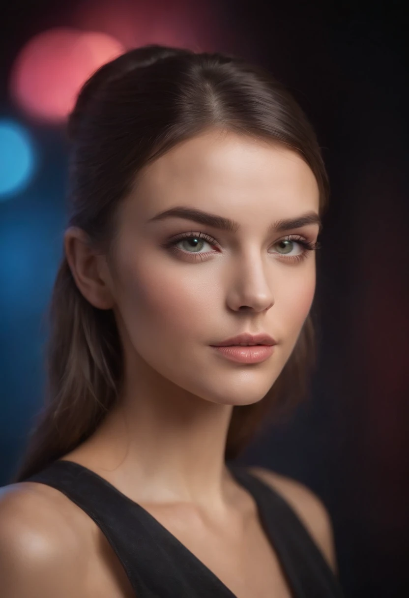 mulher em torno de 20 anos, cabelos longos e ruivos naturais, olhos azuis distintos, slender and graceful, Beautiful, in a futuristic neon environment, Ultra sharp focus, tiro realista, roupas femininas modernas, cores neon
