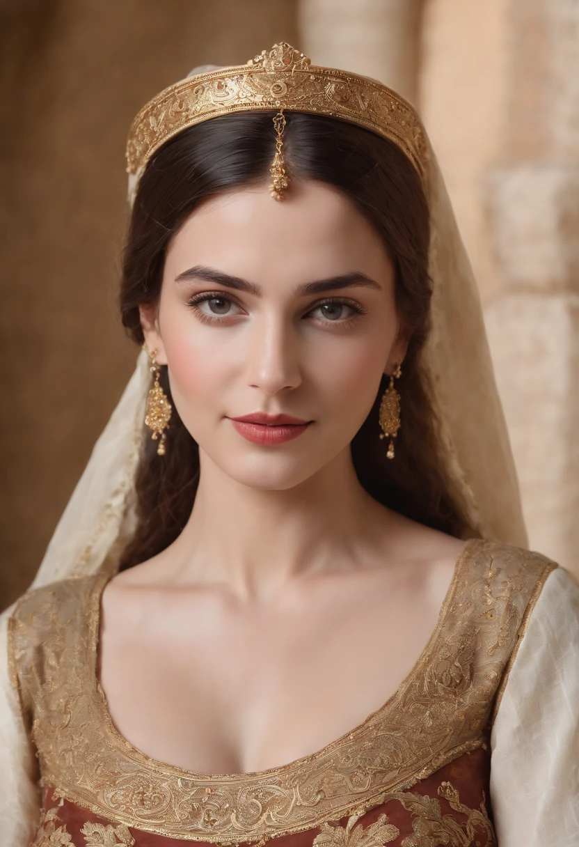 (Best quality, 8k, Masterpiece: 1.3), Young Woman Antique, greek clothes, Middle Ages, seins moyens, grosses hanches, taille mince, beau, Glamour, Attirant, Curved, Sinueuse, longues jambes, High detail, high sharpness, Photos avec profondeur, Detailed face, detailled eyes, longue, Grand bureau, sourire charmant, Attends in an EgyptianEpic Market, mythe, drame, Bijoux tour de cou, bracelet bijoux, open-chested blouse