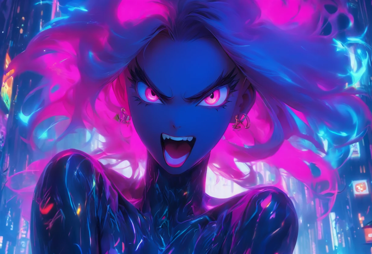 A  girl，Neon hair，Hairline，The face is delicate，detailed face with，largeeyes，Detailed pupils，Heterochromatic pupil，long eyelasher，eyeslashes，moist lips，（Naughtily sticking out his long tongue：1.5），Very long tongue，，Liquid glass texture coating，Chest open，The chest is huge，pectoral focus，Mandatory JK skirt，detailed cloth，Lace stockings，Stand in front of the camera，posing for viewer。