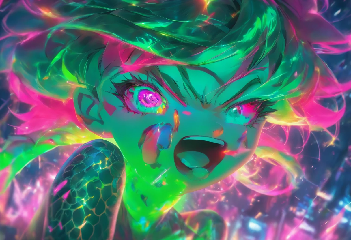 A  girl，Neon hair，Hairline，The face is delicate，detailed face with，largeeyes，Detailed pupils，Heterochromatic pupil，long eyelasher，eyeslashes，moist lips，（Naughtily sticking out his long tongue：1.5），Very long tongue，，Liquid glass texture coating，Chest open，The chest is huge，pectoral focus，Mandatory JK skirt，detailed cloth，Lace stockings，Stand in front of the camera，posing for viewer。