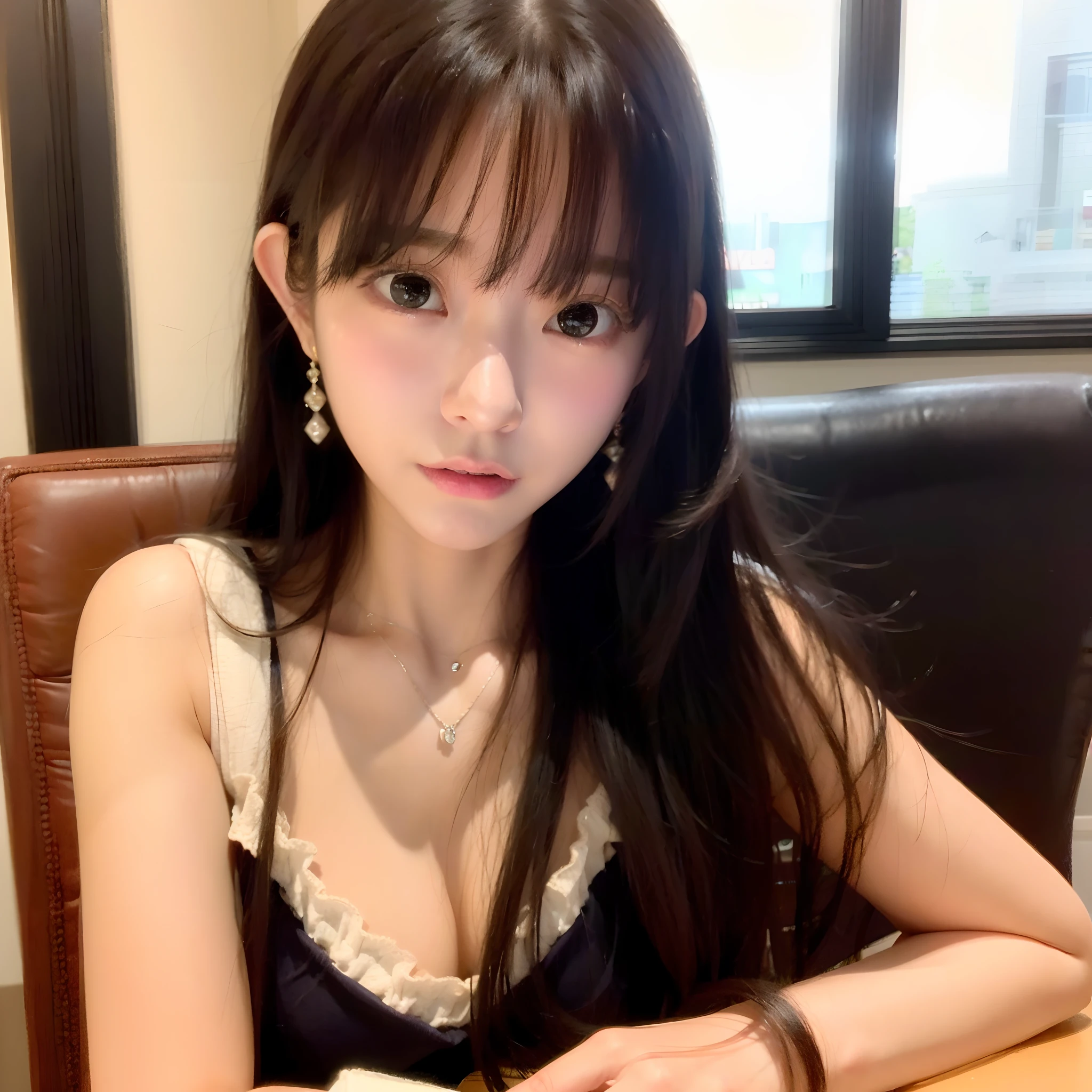 photorealisim、top-quality、超A high resolution、a picture、Photo of an exquisitely beautiful Nordic-born girl、Extraordinary beautiful girl、Highlights of cheek luster、Detailed cute and beautiful face、(pureerosface_v1:0.008)、Beautiful bangs、Glowing white shiny skin、Bangs between the eyes、shiny and beautiful hair、Silky hair、finer hair、High-definition eyes、Beautiful, Bright and clear, Big eyes shine charmingly、eye liner、Double eyelids、Full body like、dismay、red blush、embarrassed from、glares、 shiny little necklace and earrings, shiny lips: 1.4,  humiliated、impatience、dismay、Frightened、glares、Exposed cleavage、（A large amount of sperm in the chest:1.4）（Large amount of sperm in the thighs:1.2）、red blush、Tears are embarrassing、White underwear、White bra、Open knees、open one's legs、Masturbation behavior、Disheveled clothes、Dressing、Exposed panties、Wearing sweat、sodden、Sheer underwear、Neat girl,18 years old, (High School Uniform: 1.0),Wavy Hair, Brown hair, bangs flowing diagonally, Medium Long Hair, Blue eyes, Small breasts, In the classroom where the setting sun shines, sitting in the chair、