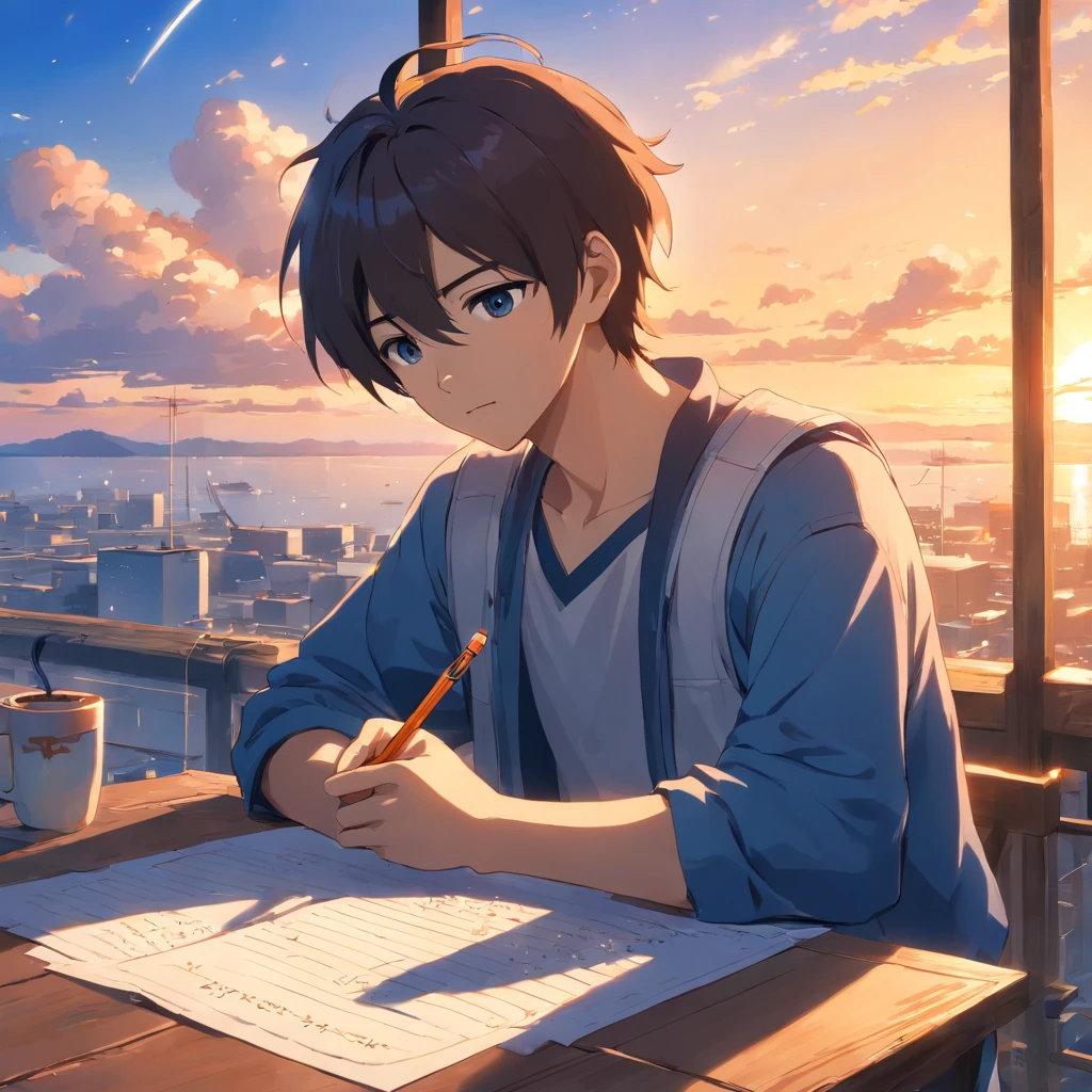 tmasterpiece, best quality, handsome 22 year old male, handsome, very good looking face, On a rustic table, Immerse in his writing, With a focused and inspired expression. Around him, Place piles of manuscripts, Feathers and cartridges, Paper scrawled with notes and a steaming cup of coffee. The sky overhead is enveloped in soft shades of blue and orange, Hint at sunrise or dusk, The scattered clouds in the sky form subtle outlines of letters and words, floating into the sky, Close-up, brightly, cheerfulness, Soft lighting and warmth, Sun sunset, (spark of light: 0,7)