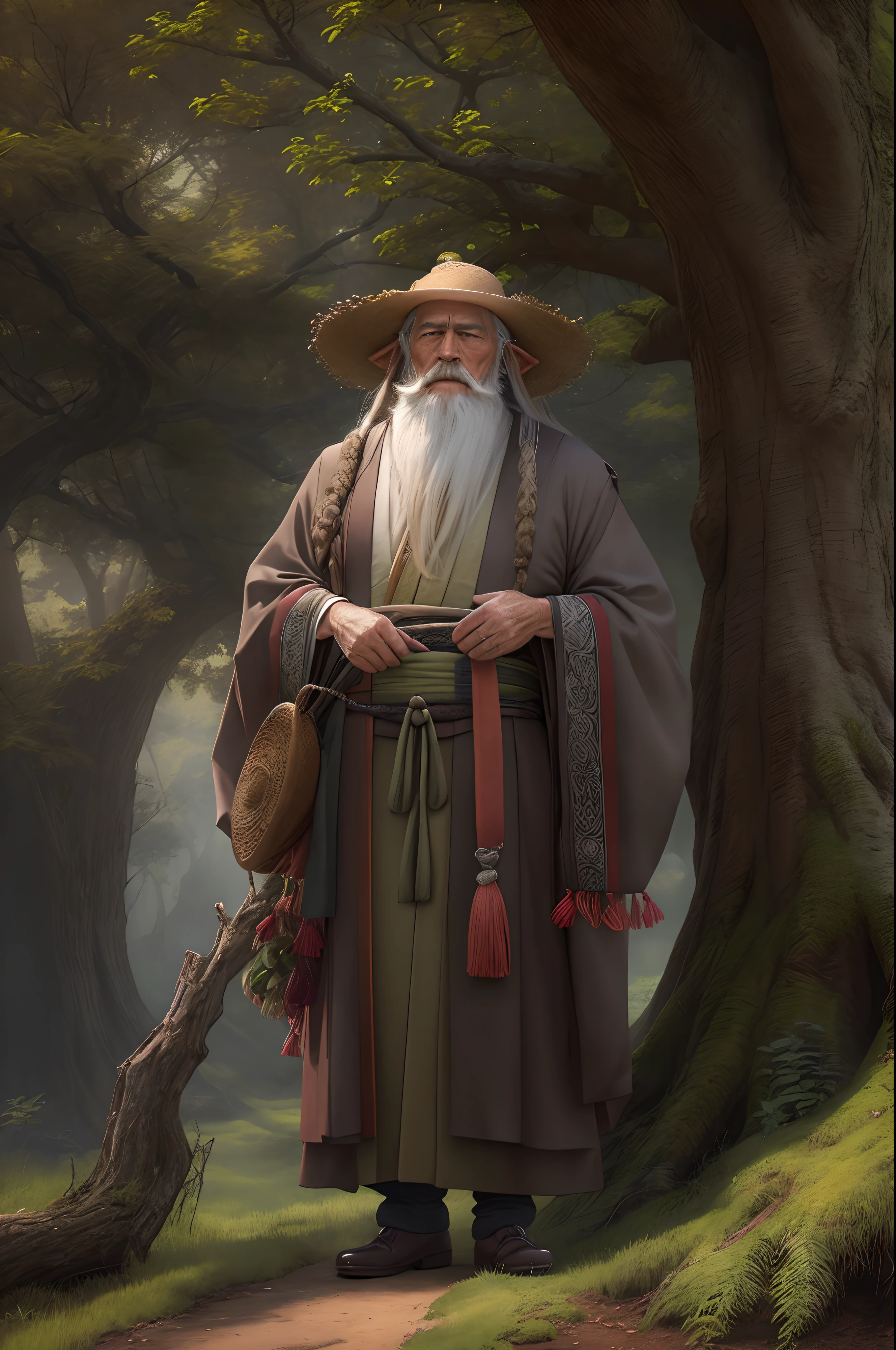 A frontal portrait of a wise old man with the tree of wisdom.
a man with a long beard standing next to a tree, a character portrait, featured on cgsociety, with straw hat, ancient japanese monk, paul barson, of an elden ring elf, the look of an elderly person, wearing flowing robes, highly realistic photo, anime lush john 8k woods, stock photo