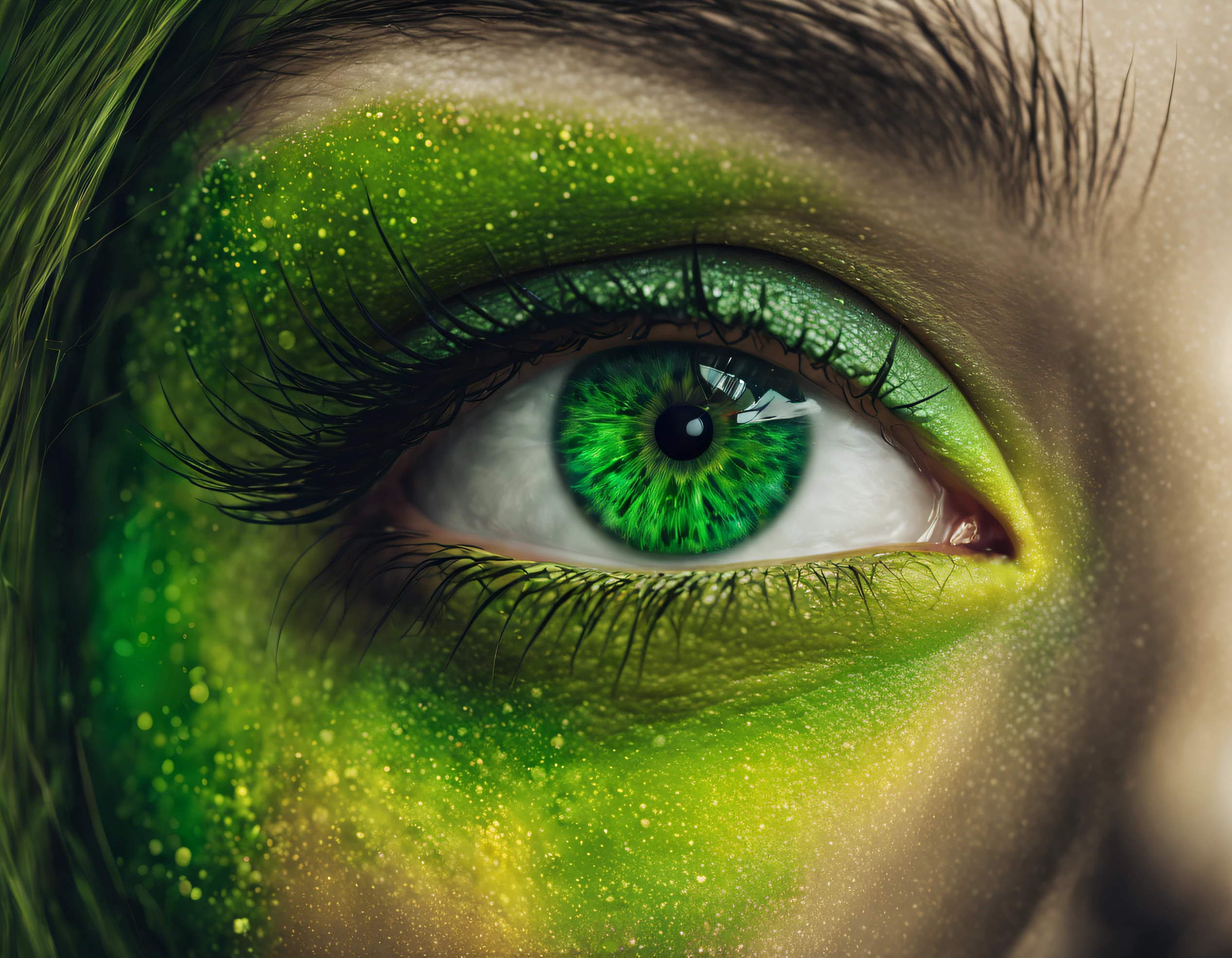 mujer alienigena extraterrestre de gran cabeza redonda calva, con ojos supergrandes en relacion a la cara ,con el iris de color verde brillante, cara bellisina y vistoso y tecnologico traje ajustado y cuerpo espectacular, (se encuentra en centro de control de una estacion espacial). colores vivos, imagen nitida perdecta 8k.