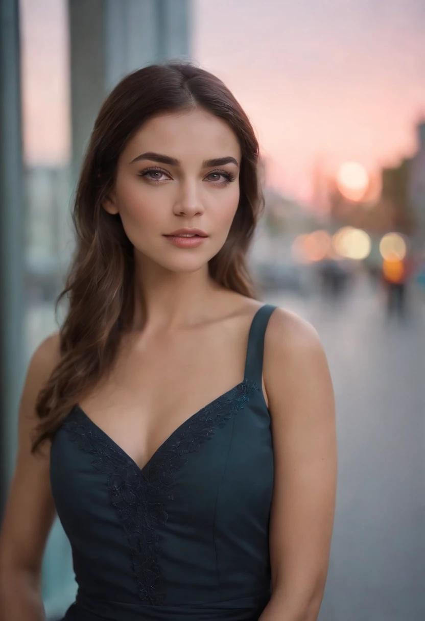 mulher em torno de 20 anos, cabelos longos e ruivos naturais, olhos azuis distintos, slender and graceful, Beautiful, in a futuristic neon environment, Ultra sharp focus, Filmagem realista, roupas femininas modernas, cores neon