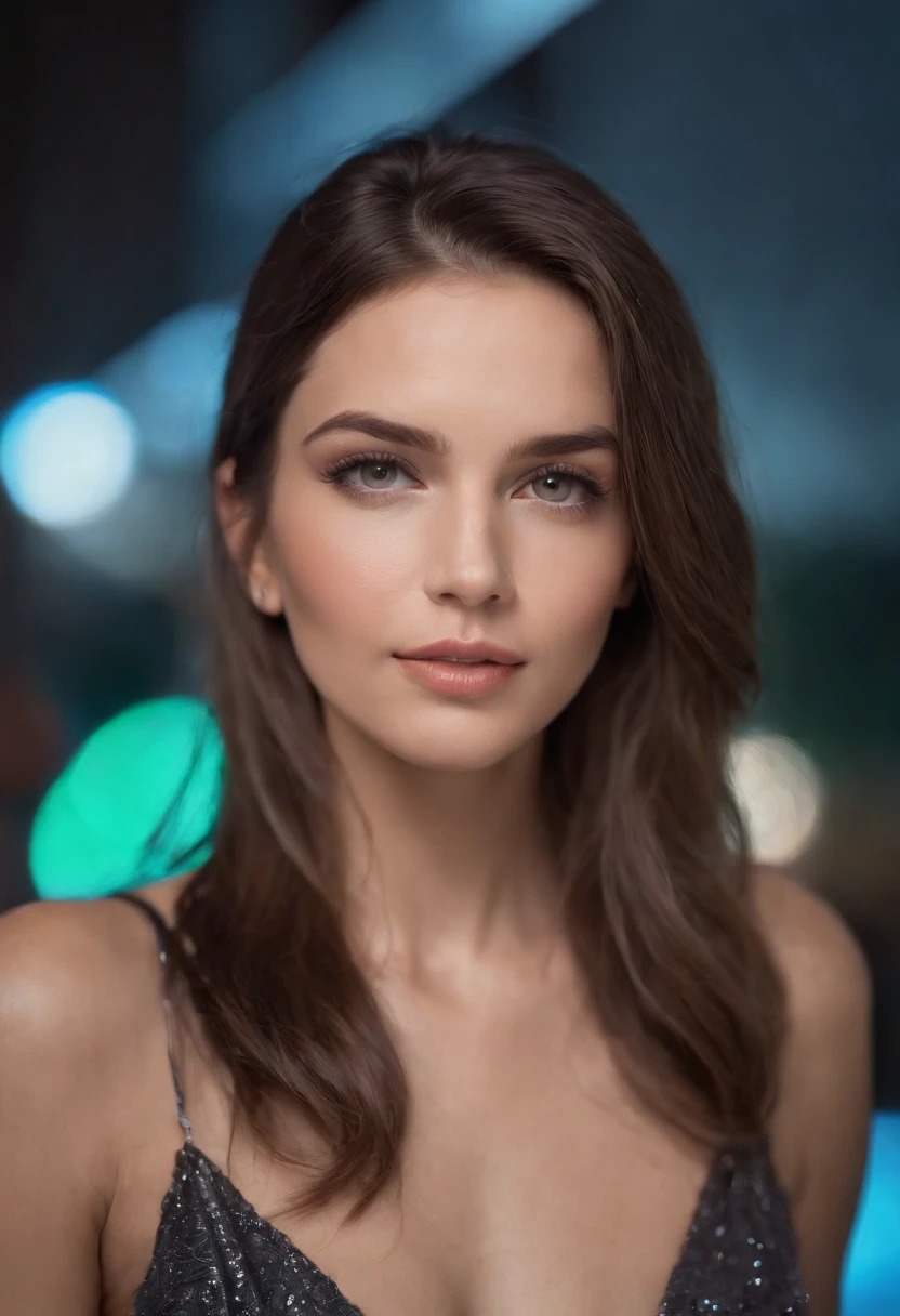 mulher em torno de 20 anos, cabelos longos e ruivos naturais, olhos azuis distintos, slender and graceful, Beautiful, in a futuristic neon environment, Ultra sharp focus, Filmagem realista, roupas femininas modernas, cores neon