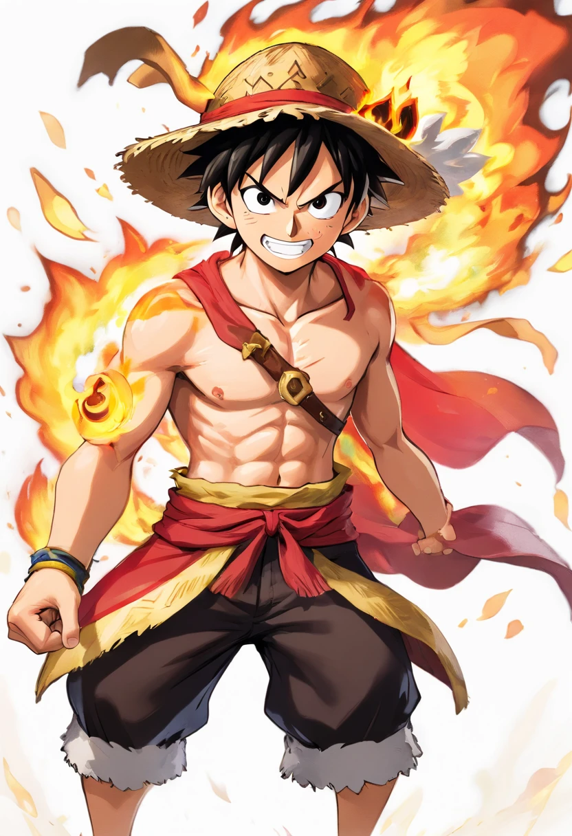 Start with a simple outline of Luffy's body in Gear 5. Focus on his muscular physique, wide shoulders, and distinct hairstyle.

Add the details of his face, including his scar under his eye, and emphasize his determined expression.

Highlight the key features of Gear 5, such as the flaming aura surrounding Luffy's body. Use simple, abstract shapes to represent the flames.

Pay attention to Luffy's straw hat, ensuring it's part of the composition as it's a crucial part of his character.

Use a limited color palette, primarily red, black, and white to maintain a minimalist style.