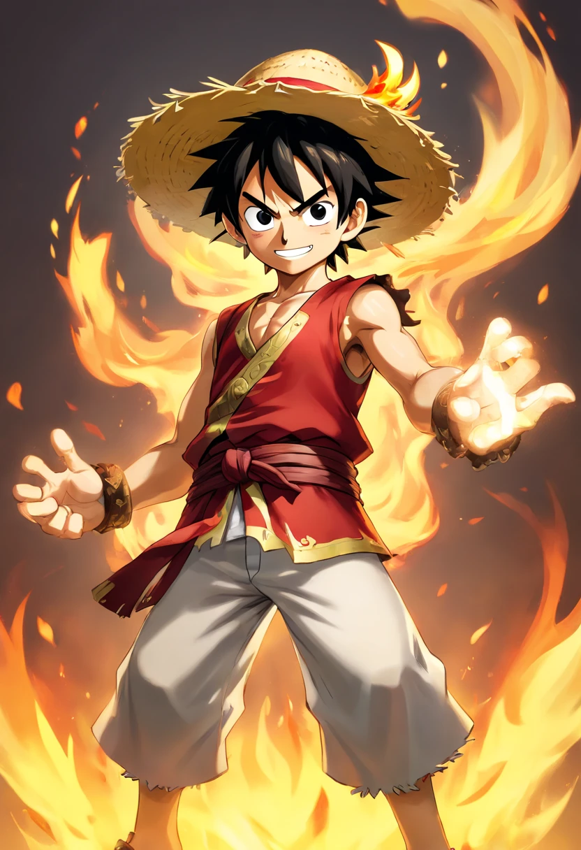 Start with a simple outline of Luffy's body in Gear 5. Focus on his muscular physique, wide shoulders, and distinct hairstyle.
Add the details of his face, including his scar under his eye, and emphasize his determined expression.
Highlight the key features of Gear 5, such as the flaming aura surrounding Luffy's body. Use simple, abstract shapes to represent the flames.
Pay attention to Luffy's straw hat, ensuring it's part of the composition as it's a crucial part of his character.
Use a limited color palette, primarily red, black, and white to maintain a minimalist style.