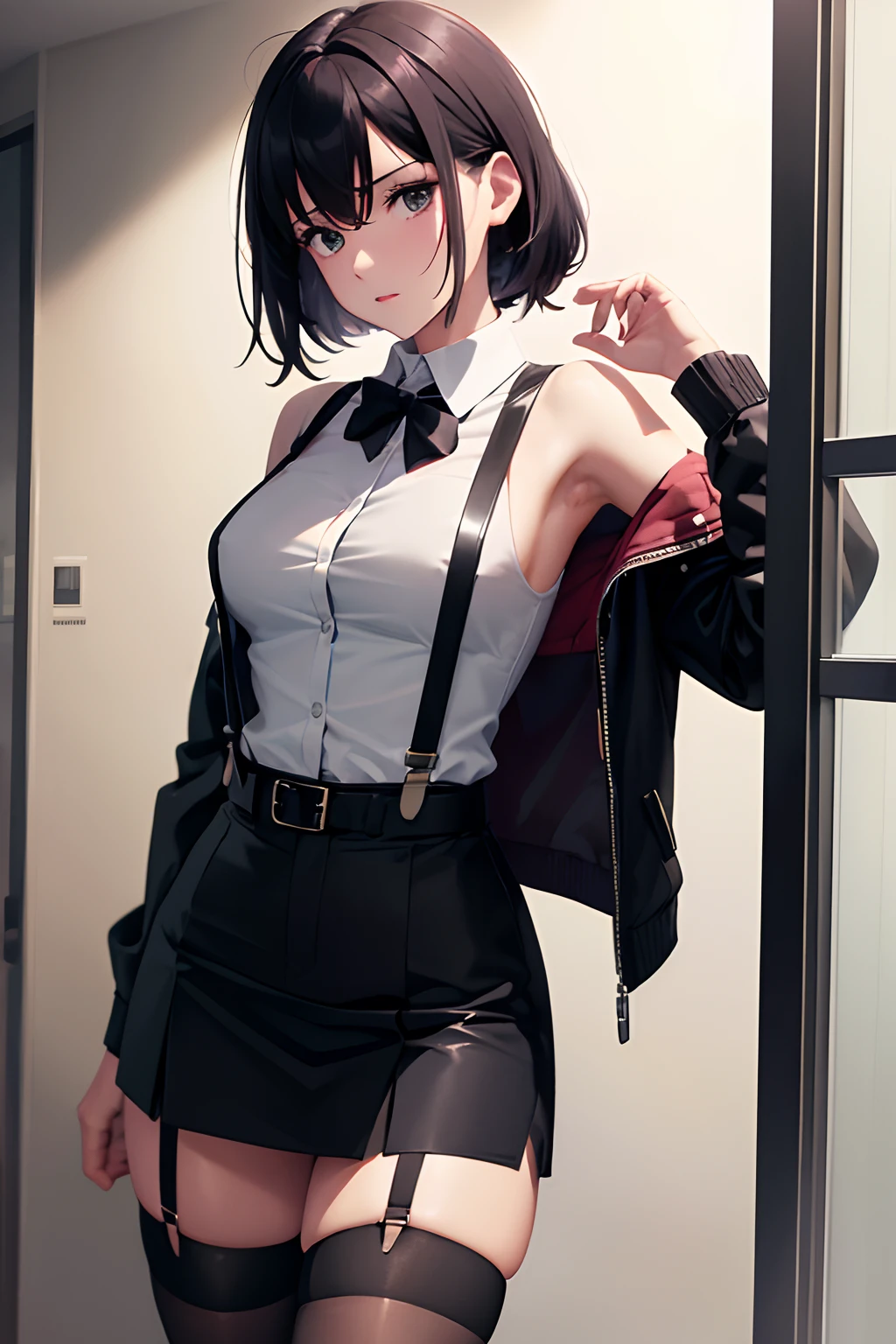 Black hair,eyecontact,Suit,Collared shirt,Belt bag,suspenders,Professional,Office Lady,Mature Women,Black mini skirt garterbelts knee high Stockings Black Niso Colorcon armpit sweat perspiring Side of both hands,Black jacket,Gaze,ample bosom,Armpit sweat,Exposing the armpits"Pichi Pichi clothes