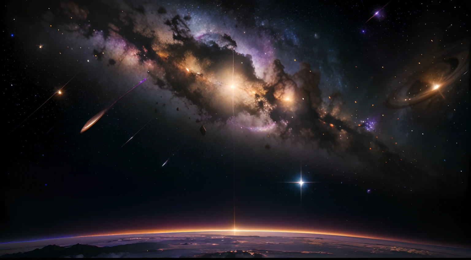 a galaxy of purple suns, milky way, universe, planets, comets, asteroids