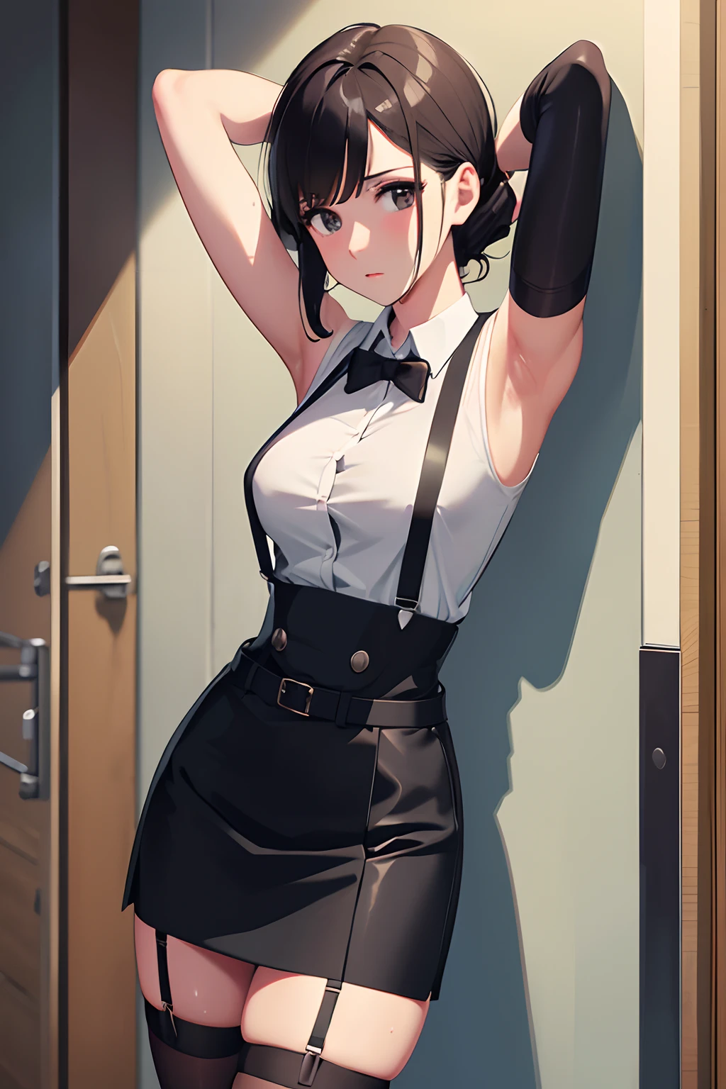 Suit,Collared shirt,Belt bag,Suspenders black mini skirt garterbelts knee high Stockings Black Niso Colorcon armpit sweat perspiring Side of both hands,Black jacket,Gaze,ample bosom,Armpit sweat,Exposing the armpits"Pichi Pichi clothes